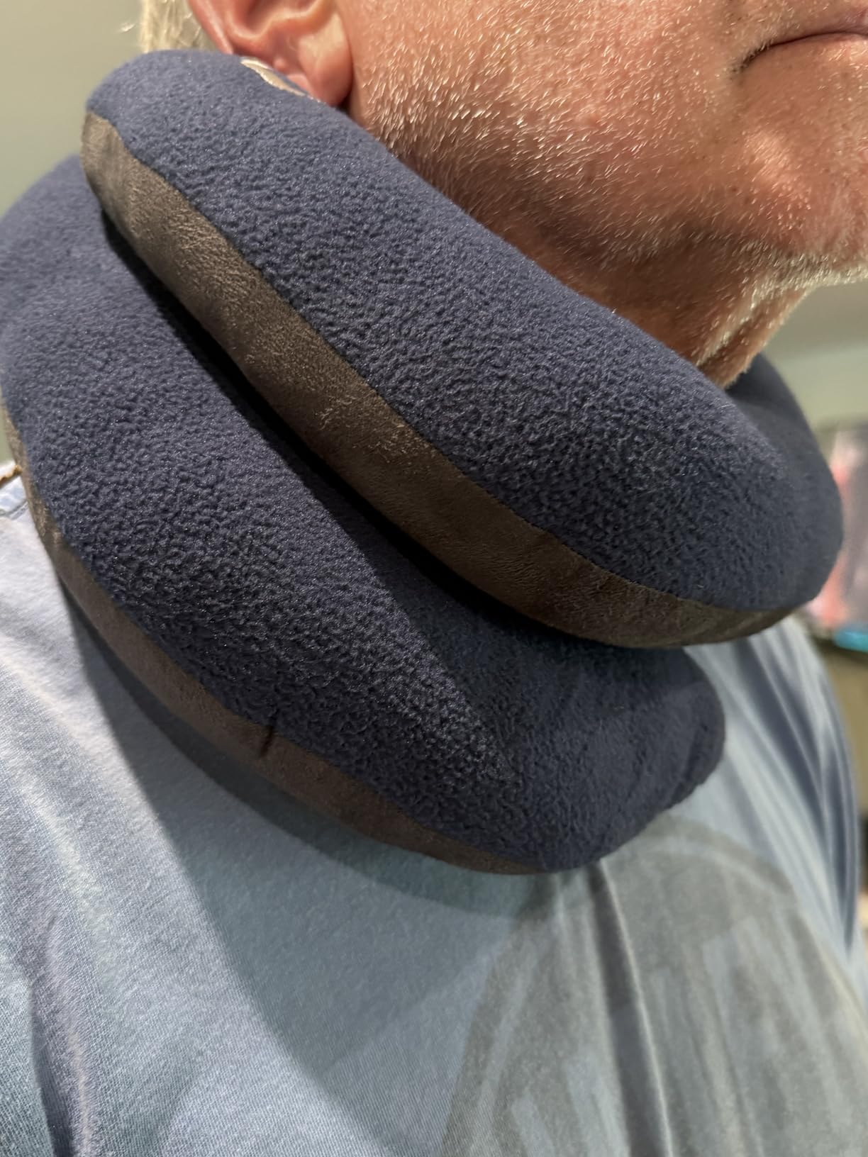 BCOZZY Travel Neck Pillow for Airplane - Patented Double Support for Head, Neck, and Chin. Best for Long Flights, Plane Sleeping, and Car Rides. Adjustable Size. Fully Washable. Carry Bag. Large, Navy customer photo 2