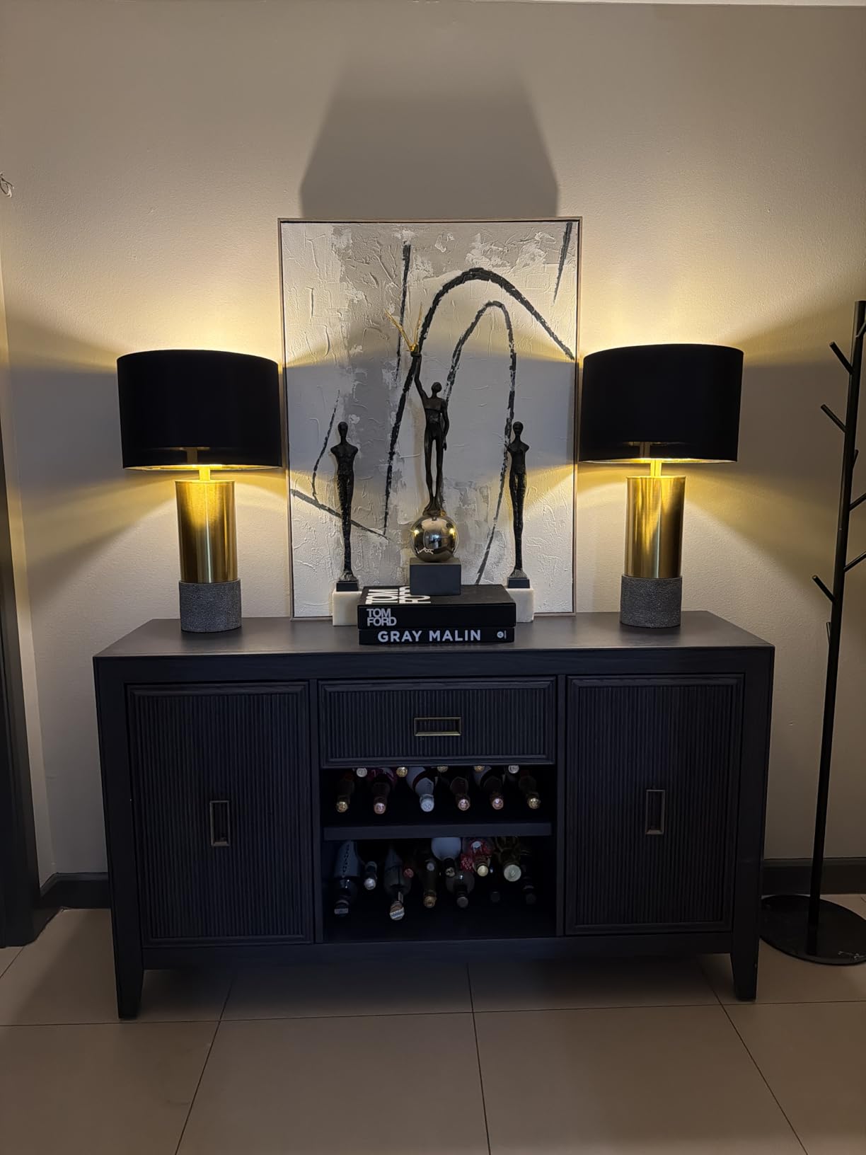 Signature Design by Ashley Jacek Contemporary Table Lamp Set of 2 | Textured faux concrete and brass-finished metal, Black drum shade with goldtone foil interior, Living room and bedside use customer photo 1