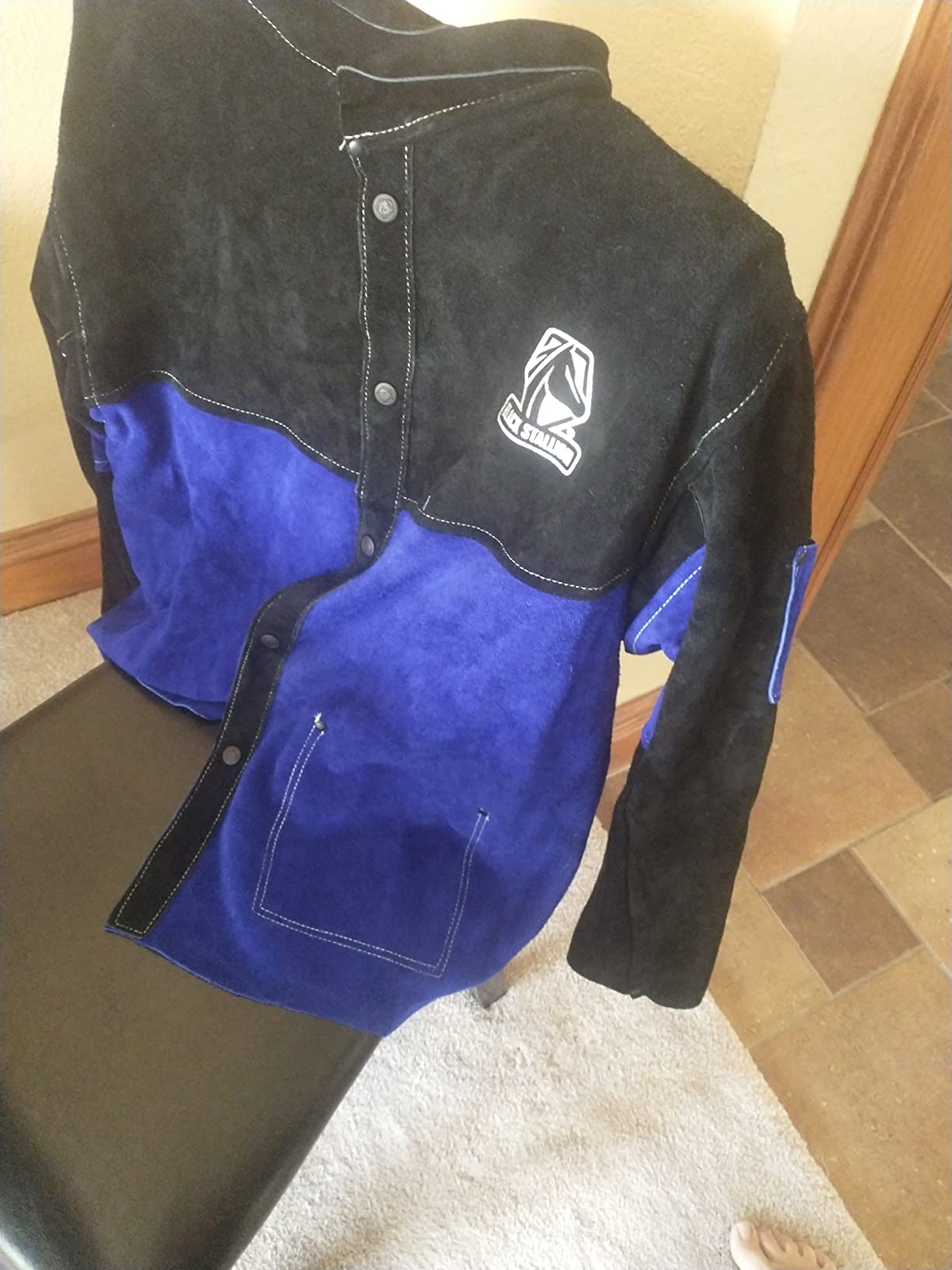 Black Stallion (JL1030) Color Block Leather Welding Jacket, Premium Split Cowhide Leather, Black/Blue customer photo 1