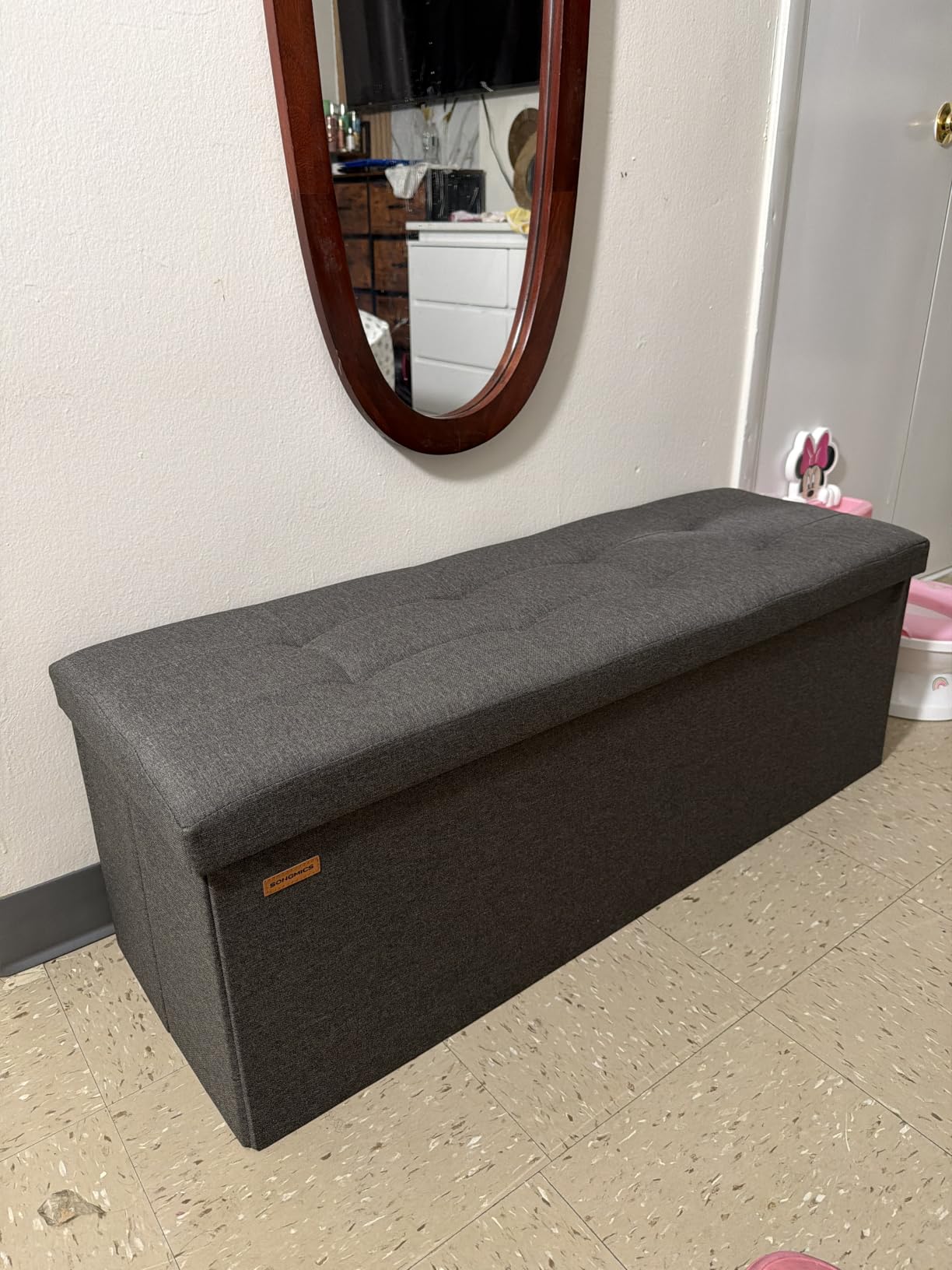 SONGMICS MAZIE Collection - 43 Inches Folding Storage Ottoman Bench, Ottoman Foot Rest, End of Bed Bench, Storage Chest, Load 660 lb, for Living Room, Bedroom, Entryway, Dark Gray ULSF77K customer photo 2
