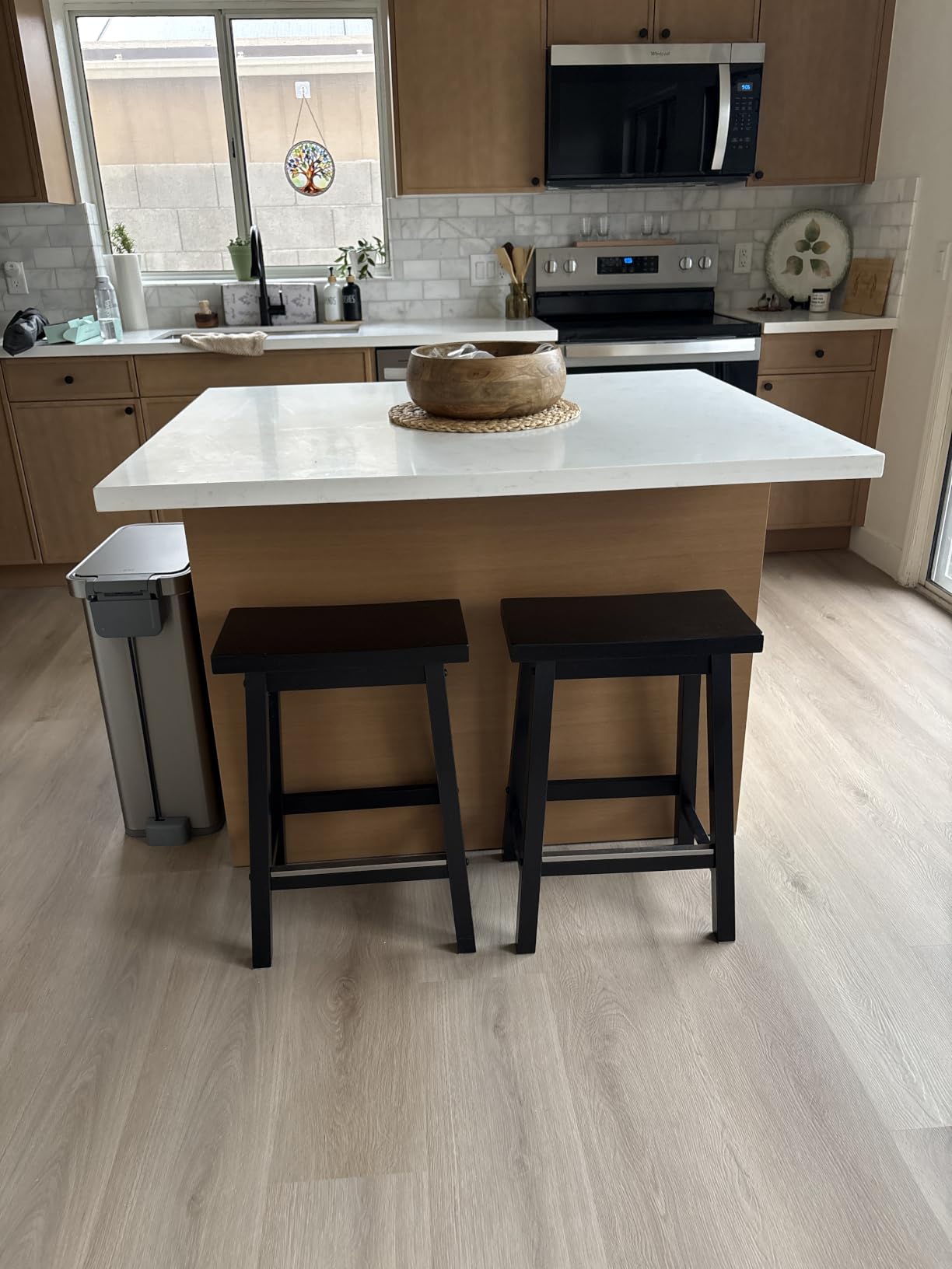 Amazon Basics Solid Wood Saddle-Seat Counter Height Bar Stools for Kitchen Island and Home Bar with Footrest, 29-Inch Height, Black, Set of 2 customer photo 1