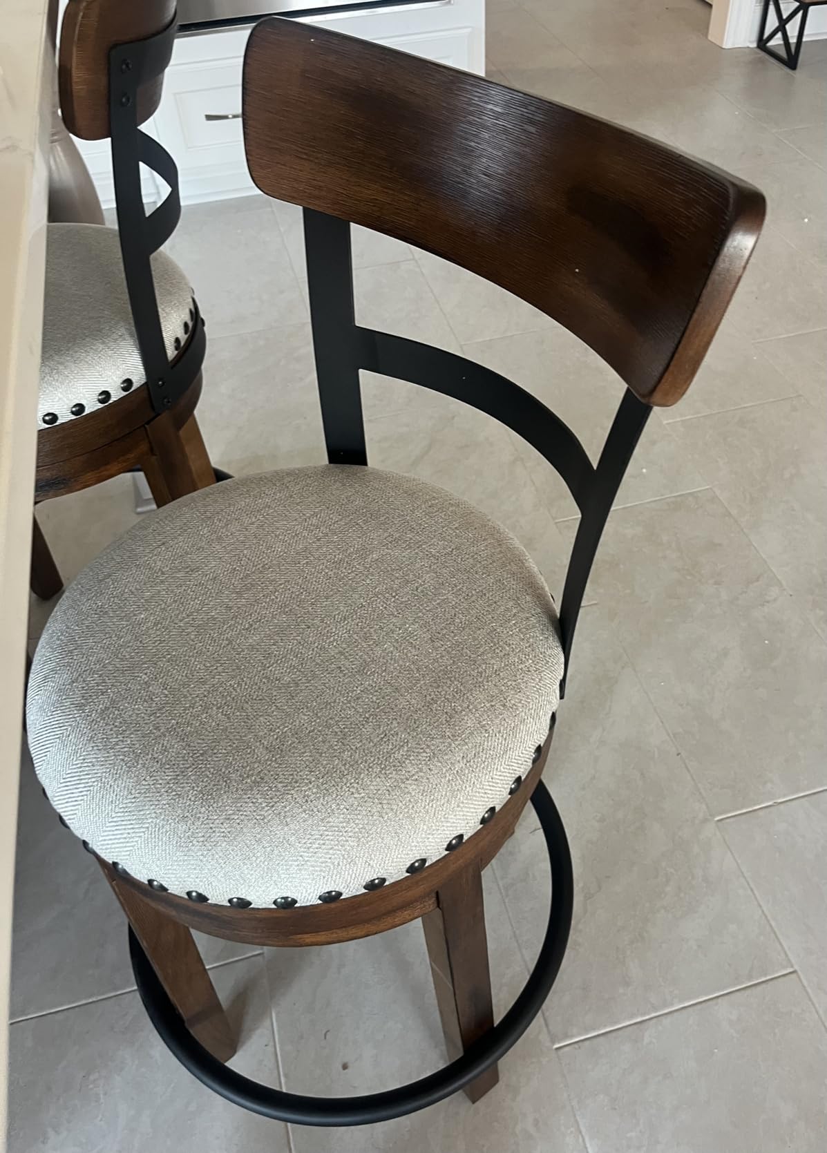 Signature Design by Ashley Valebeck Counter Height Bar Stool, Brown | Rustic-industrial wood and metal stool, Cushioned comfort, Tailored nailhead trim, Smooth 360-degree swivel customer photo 2