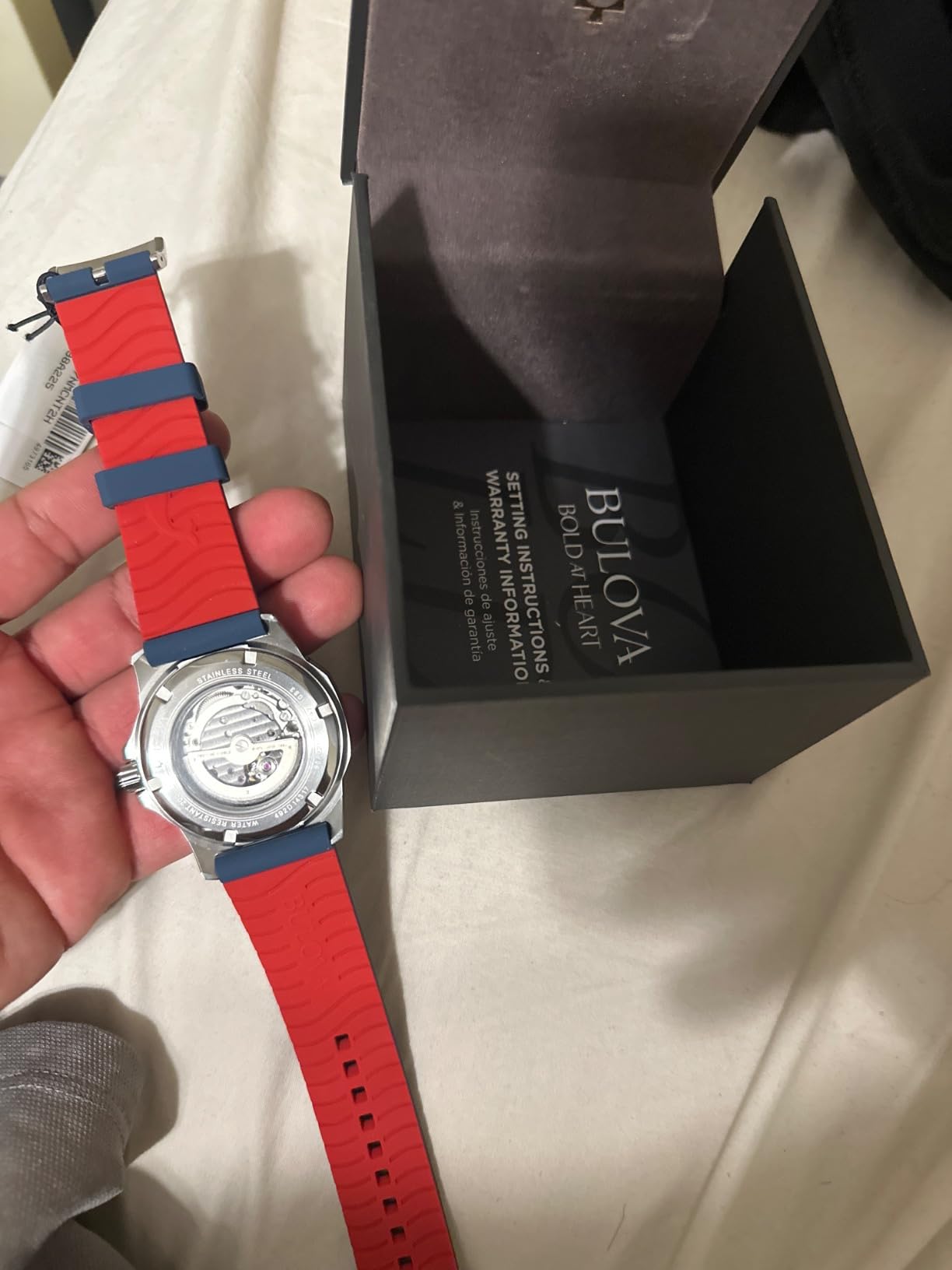 Men's Marine Star 'Series A' Automatic Stainless Steel Case with Blue Textured Silicone Strap, Open Aperture, Silver White Dial Model: 98A225 customer photo 1