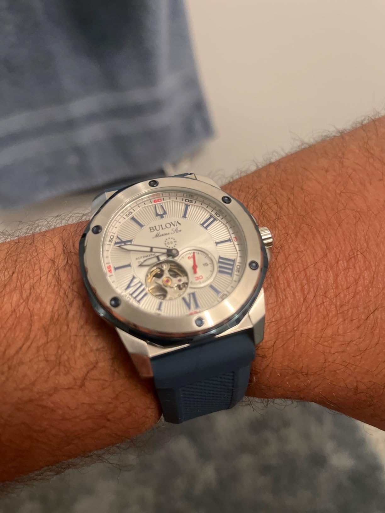 Men's Marine Star 'Series A' Automatic Stainless Steel Case with Blue Textured Silicone Strap, Open Aperture, Silver White Dial Model: 98A225 customer photo 2