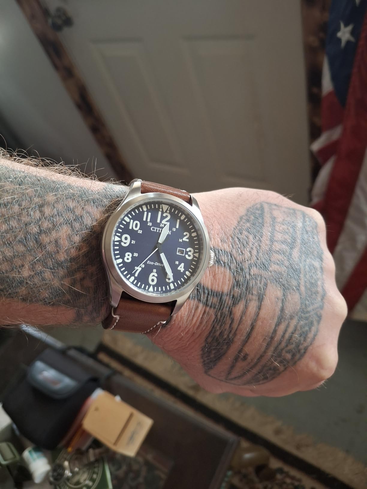 Citizen Men's Sport Casual Garrison 3-Hand Date Eco-Drive Leather Strap Watch, Arabic Markers, Stainless Steel, Field Watch customer photo 2