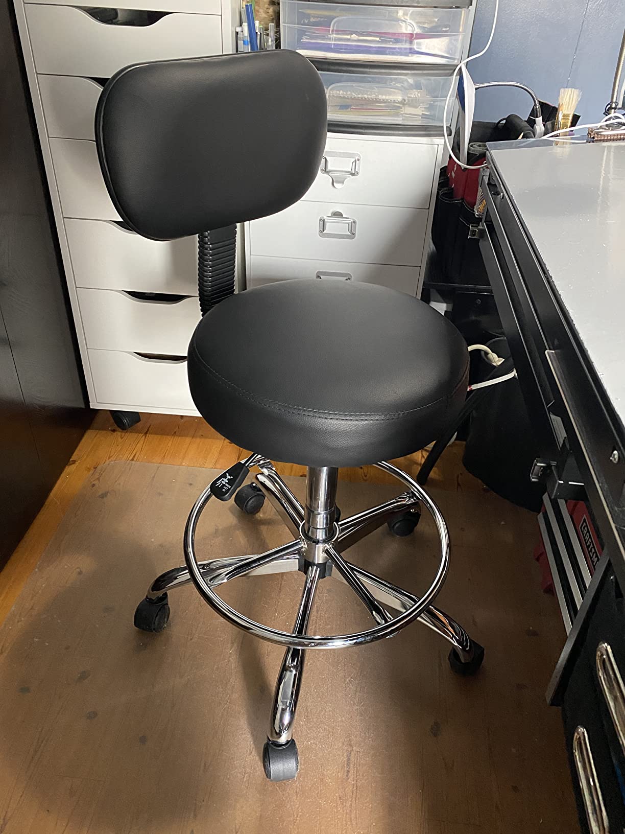 SUPERJARE Drafting Chair with Backrest, Adjustable Foot Rest Rolling Stool | Multi-Purpose Shop Stool, Drafting Stool, Office Desk Chair, Bar Stools with Thick Seat Cushion for Home Bar Kitchen, Black customer photo 2