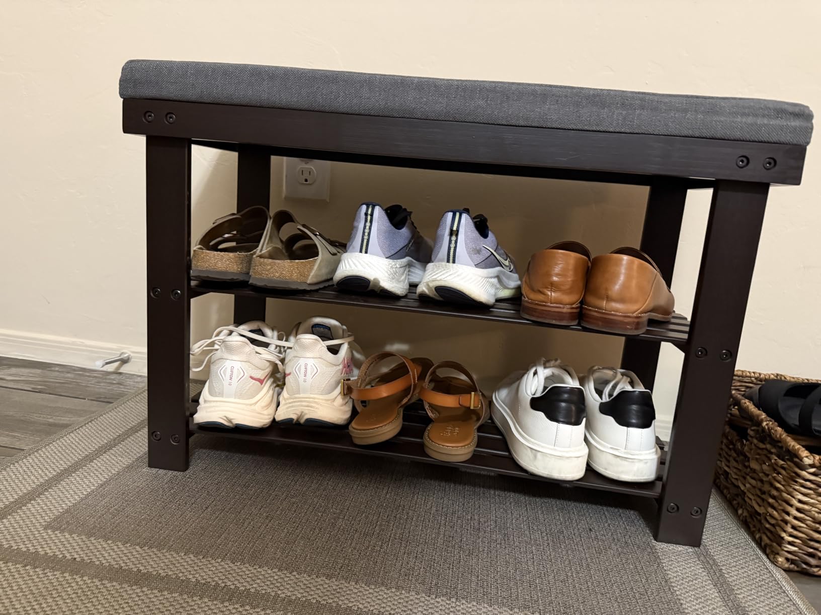 SONGMICS Bamboo Shoe Bench, 3-Tier Shoe Rack, 11.9 x 28.3 x 19.2 Inches | Stable Shoe Organizer, Holds Up to 300 lb, for Entryway, Rustic Walnut and Slate Gray, BAMBOU Collection ULBS604CG customer photo 1