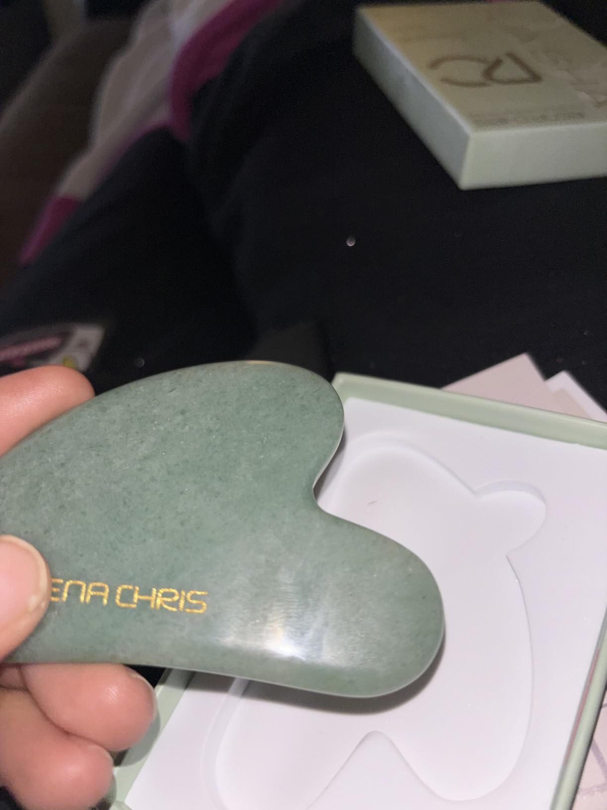 Rena Chris Gua Sha Facial Tools: Jade Stone Guasha Tool for Face Acupuncture Therapy, Facial Massager for Jawline Sculpting and Puffiness Reducing (Green) customer photo 1