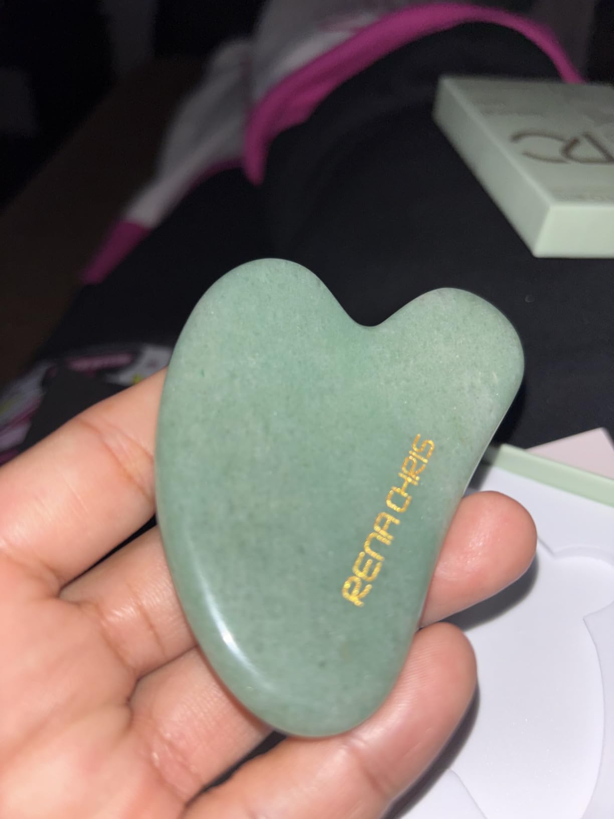 Rena Chris Gua Sha Facial Tools: Jade Stone Guasha Tool for Face Acupuncture Therapy, Facial Massager for Jawline Sculpting and Puffiness Reducing (Green) customer photo 2