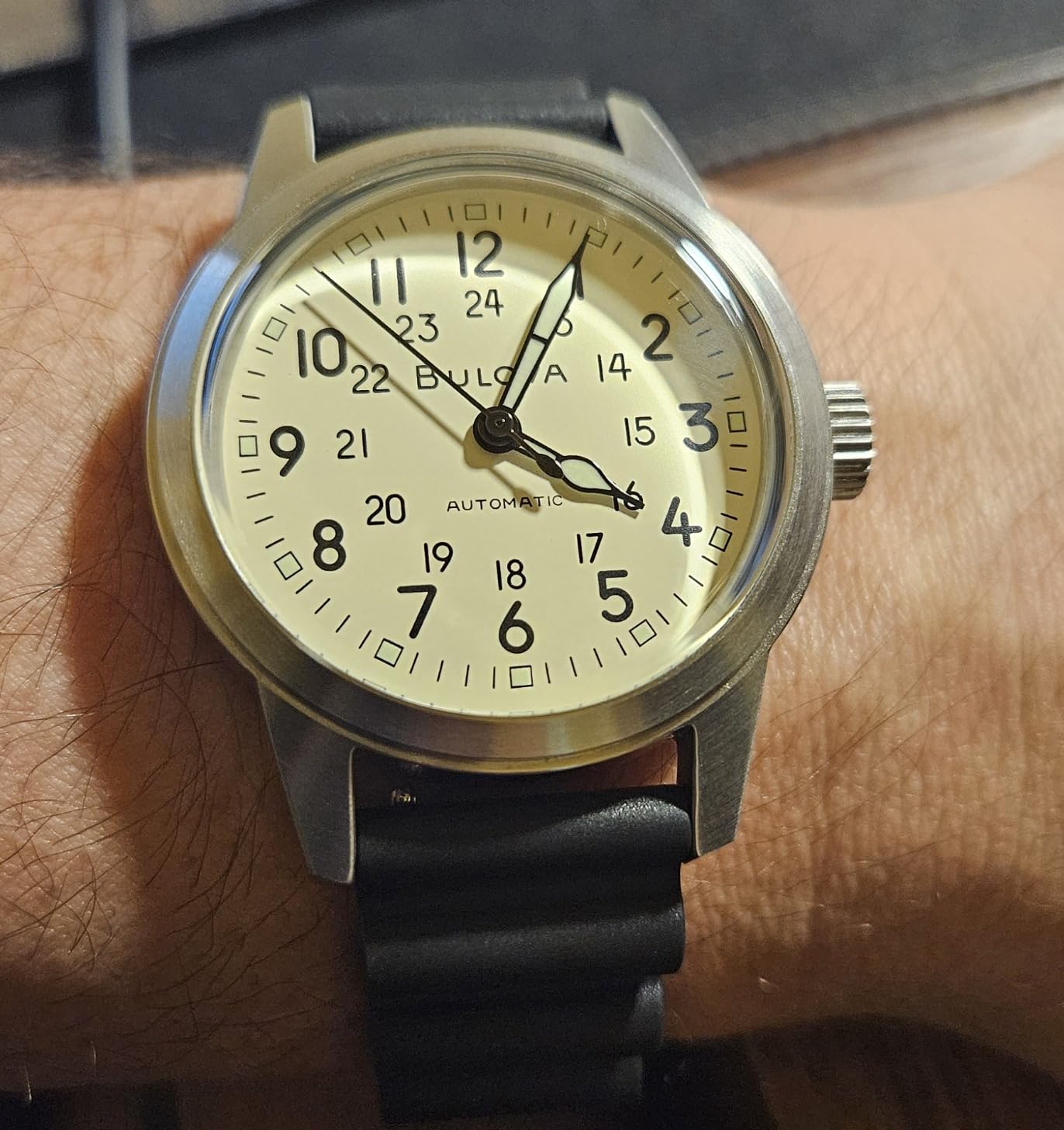 Bulova Men's Military Heritage Hack Stainless Steel 3-Hand Automatic Watch, NATO Leather Strap customer photo 2