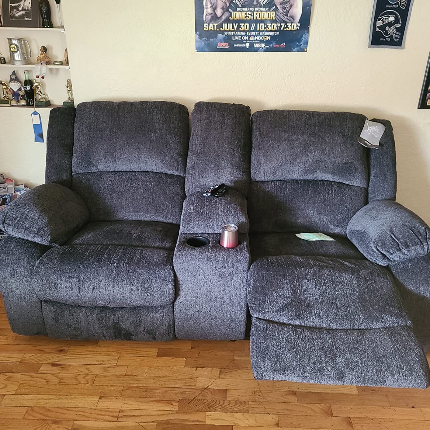Signature Design by Ashley Power Reclining Sofa, 3-Seater Couch, Draycoll | Space-saving 4-in wall-hugger profile, Integrated zero-draw USB ports, Plush slate polyester chenille upholstery customer photo 2