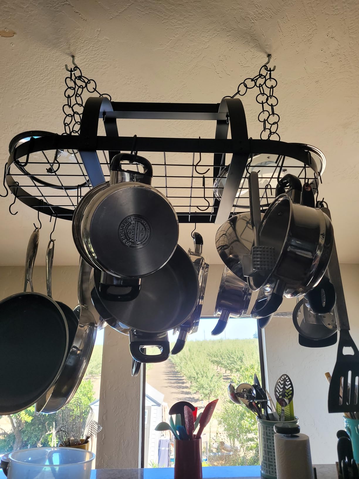 KES Ceiling Pot Rack 34-Inch Hanging Pot Rack for Kitchen Oval Pot and Pan Rack Matte Black Pot Hanger with 20 S Hooks (For 16
