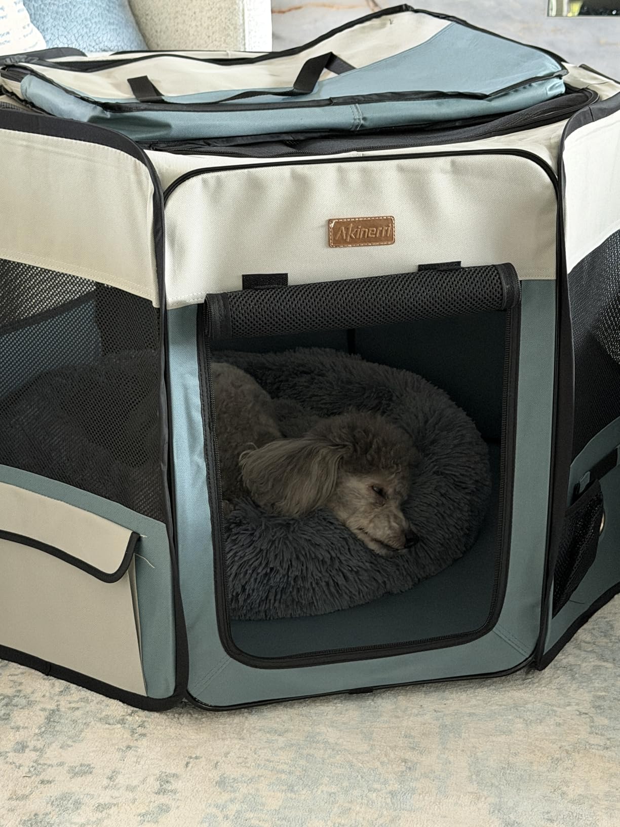 Akinerri Portable Dog Playpen, Foldable Pet Play Pen for Puppy Cat, Black, Pop-Up Dog Playpens Indoor & Outdoor, Waterproof Dog Kennel Cage, Removable Top, Travel Camping Playpen, Large customer photo 1