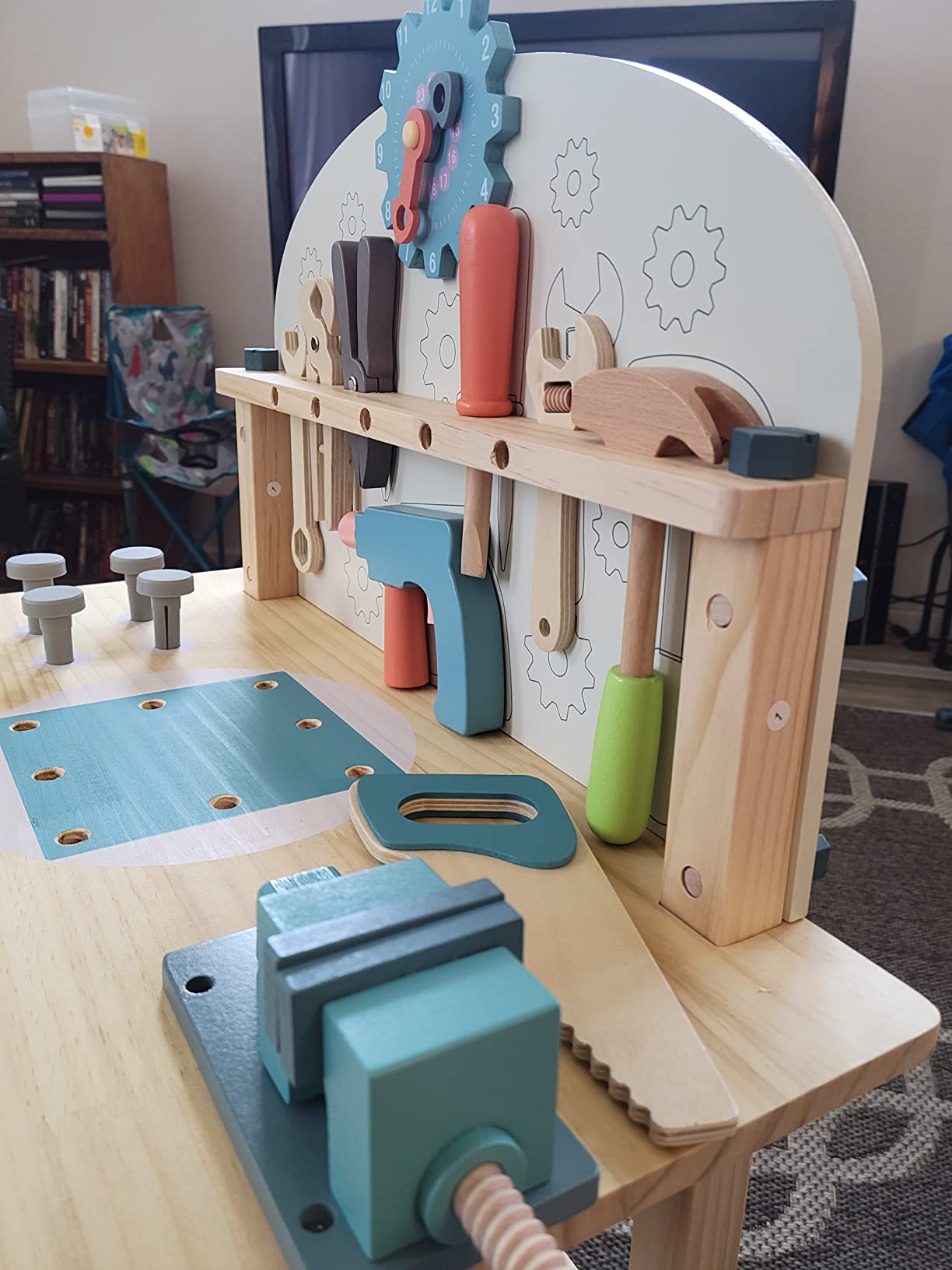 ROBUD Wooden Play Tool Workbench Set for Kids, Construction Toy Bench | Wooden tool workbench with realistic tools and accessories customer photo 2