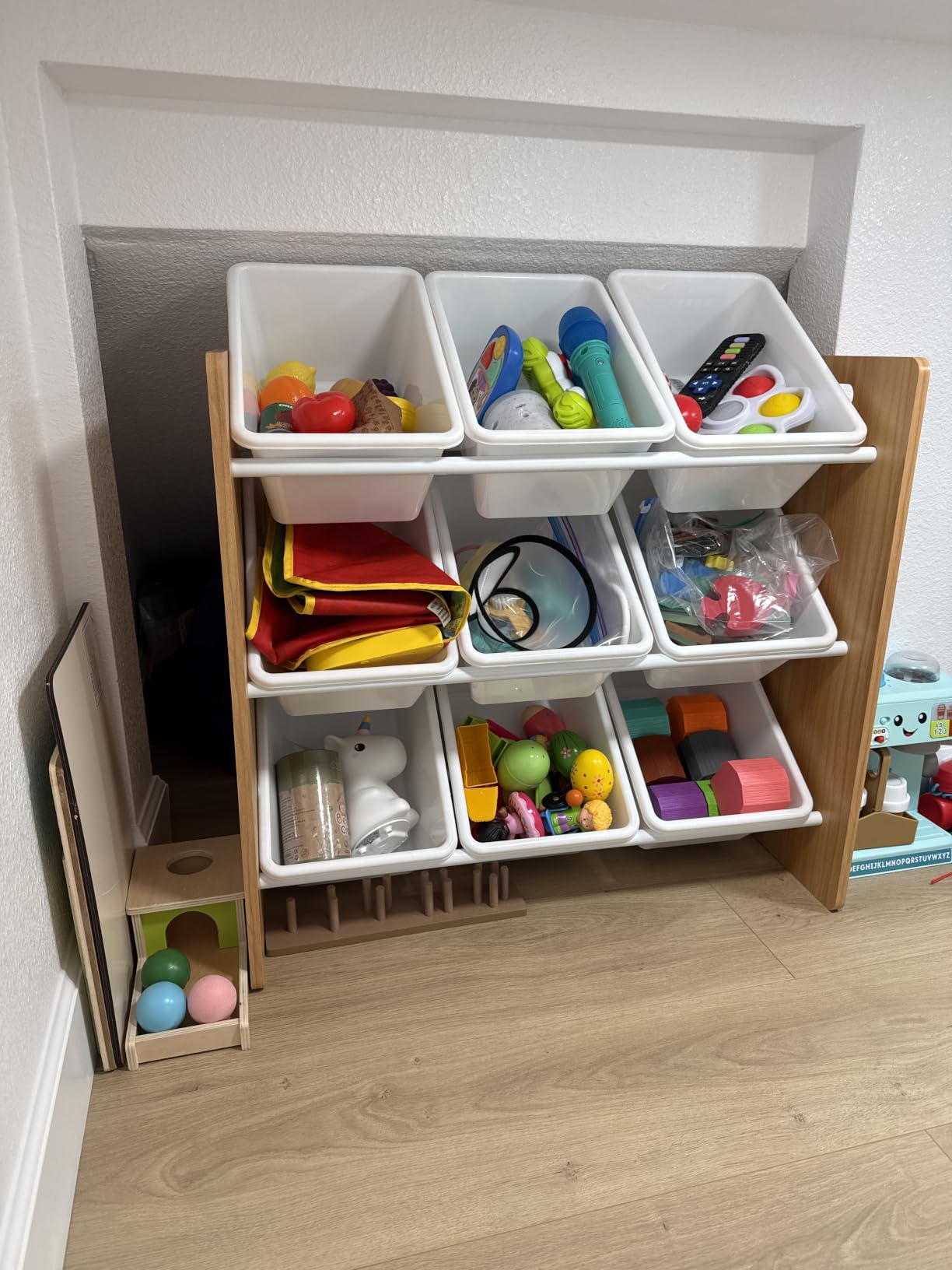 Humble Crew Kids Toy Organizer with 9 Bins, 3 Tier Storage for Playroom | Sturdy wood and steel toddler shelf, removable BPA-free containers, wall anchor anti-tip safety kit for bedroom or classroom customer photo 2