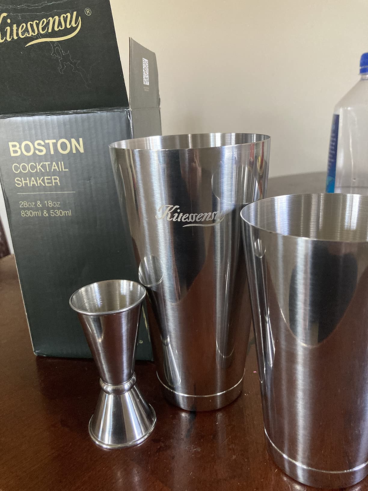 KITESSENSU Boston Cocktail Shaker Set, 4-Piece Boston Shaker Tins Bartender Kit with 18oz & 28oz Mixed Drink Shaker, Hawthorne Strainer, Double Measuring Jigger, Cocktail Recipe Cards Included customer photo 1