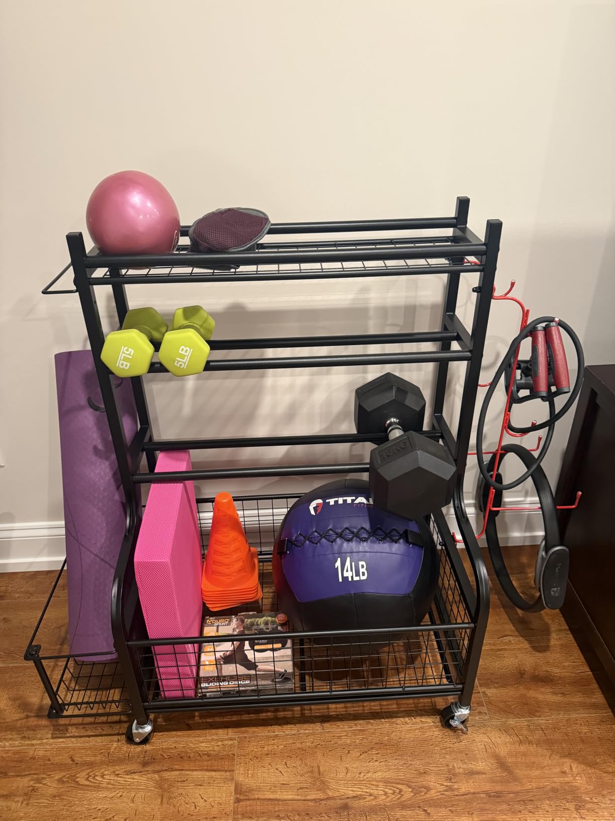 PLKOW Dumbbell Rack, Weight Rack for Dumbbells, Home Gym Storage for Dumbbells Kettlebells Yoga Mat and Balls, All in One Workout Storage with Wheels and Hooks, Powder Coated Finish Steel customer photo 2