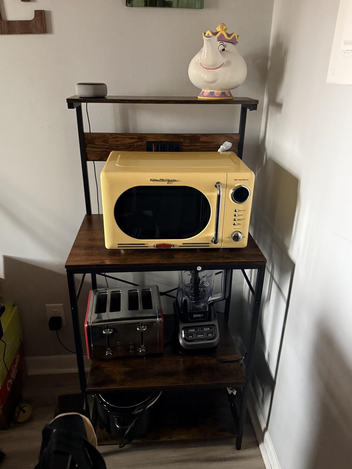 SUPERJARE Kitchen Bakers Rack with Power Outlet, Coffee Bar Table 4 Tiers, Kitchen Microwave Stand with 6 S-shaped Hooks, Storage Shelf Rack for Spices, Pots and Pans - Rustic Brown customer photo 2