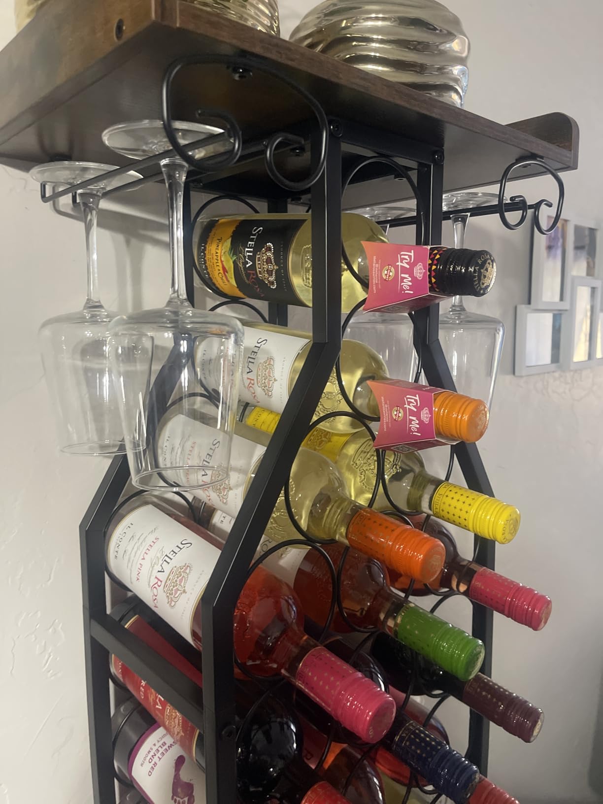 X-cosrack Wine Rack Freestanding Floor, Mini Bar Table Wine Holder Stand Liquor Cabinet with Glass Holder Wood Tabletop 14 Bottles Floor Wine Storage for Home Bar Kitchen Living Room customer photo 1