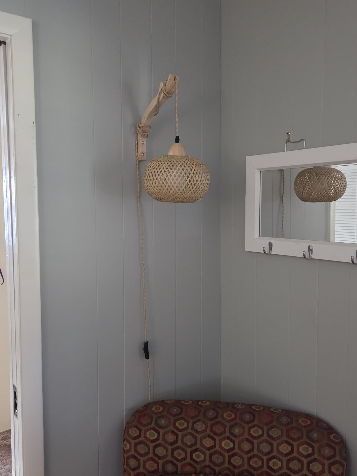 Frideko Bamboo Lantern Plug in Wall Sconces Wicker Wall Lamp with Plug in Cord Hand Woven Rattan Wall Light Farmhouse Rustic Wall Sconces Boho Sconces Wall Lighting for Living Room Bedroom customer photo 1