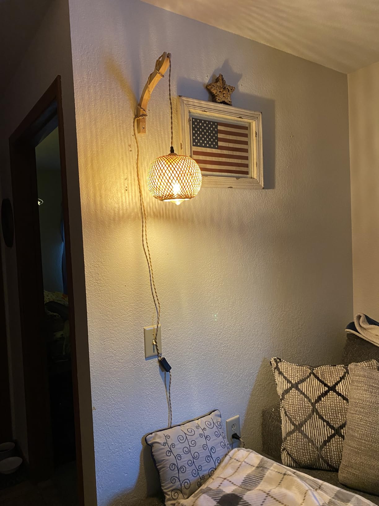 Frideko Bamboo Lantern Plug in Wall Sconces Wicker Wall Lamp with Plug in Cord Hand Woven Rattan Wall Light Farmhouse Rustic Wall Sconces Boho Sconces Wall Lighting for Living Room Bedroom customer photo 2