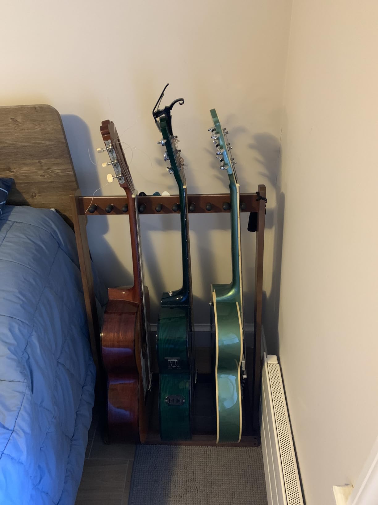 Multi Guitar Stand, Walnut Wood Guitar Rack for 3 Acoustic/5 Electric/Bass | for 3 Acoustic/5 Electric/Bass, Soft Felt Pad, Neck Holder, Floor Instrument Holder, Space Saving, for Home Studio Display customer photo 2