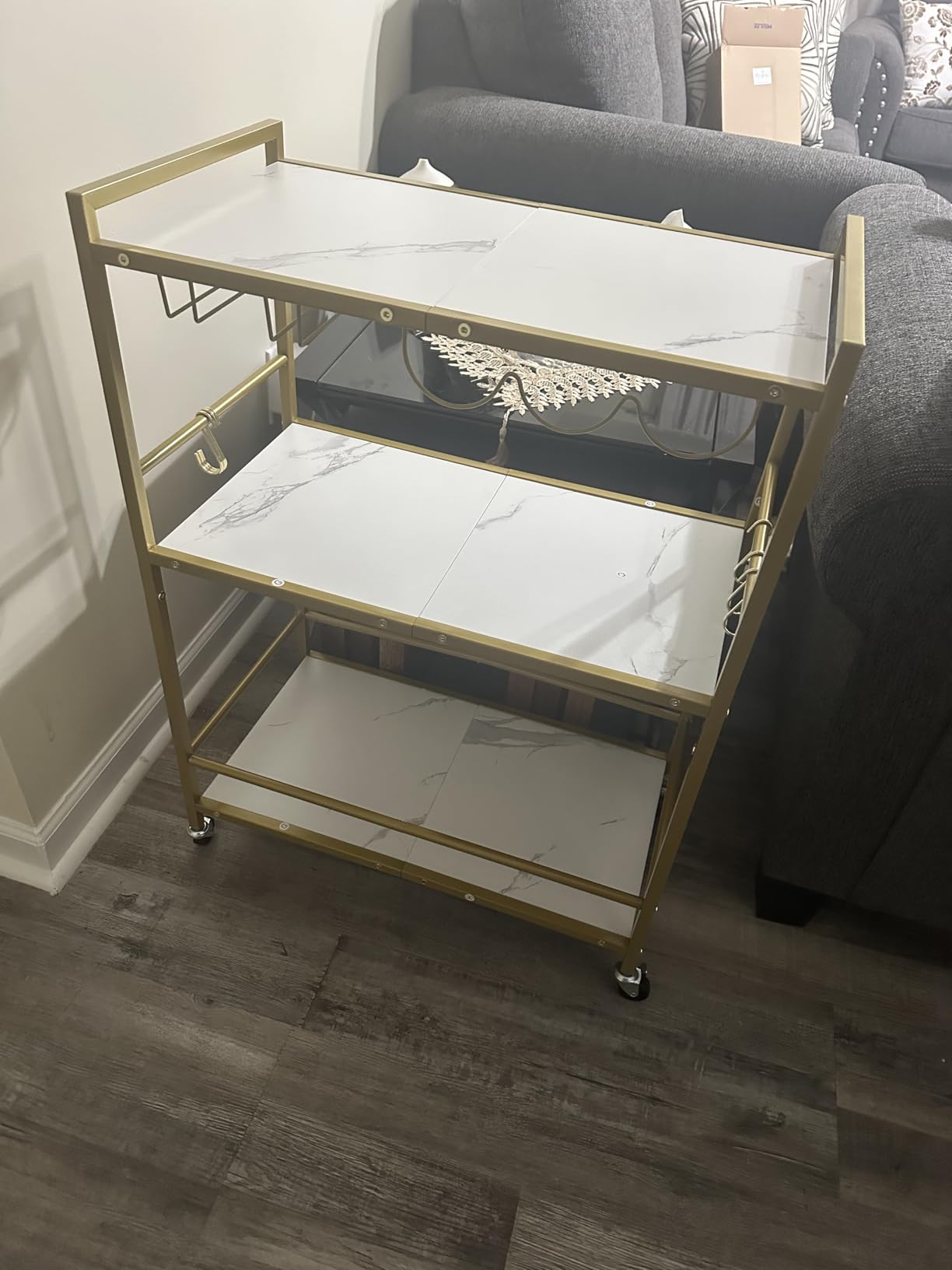 TUTOTAK Bar Cart with Wheels, Drink Cart with Wine Rack and Glass Holder | 3-Tier 23.7 Inch Wide Home Bar Serving Carts, Small Mobile Kitchen Shelf with 6 Hooks, Rustic Brown BC01BB030 customer photo 2