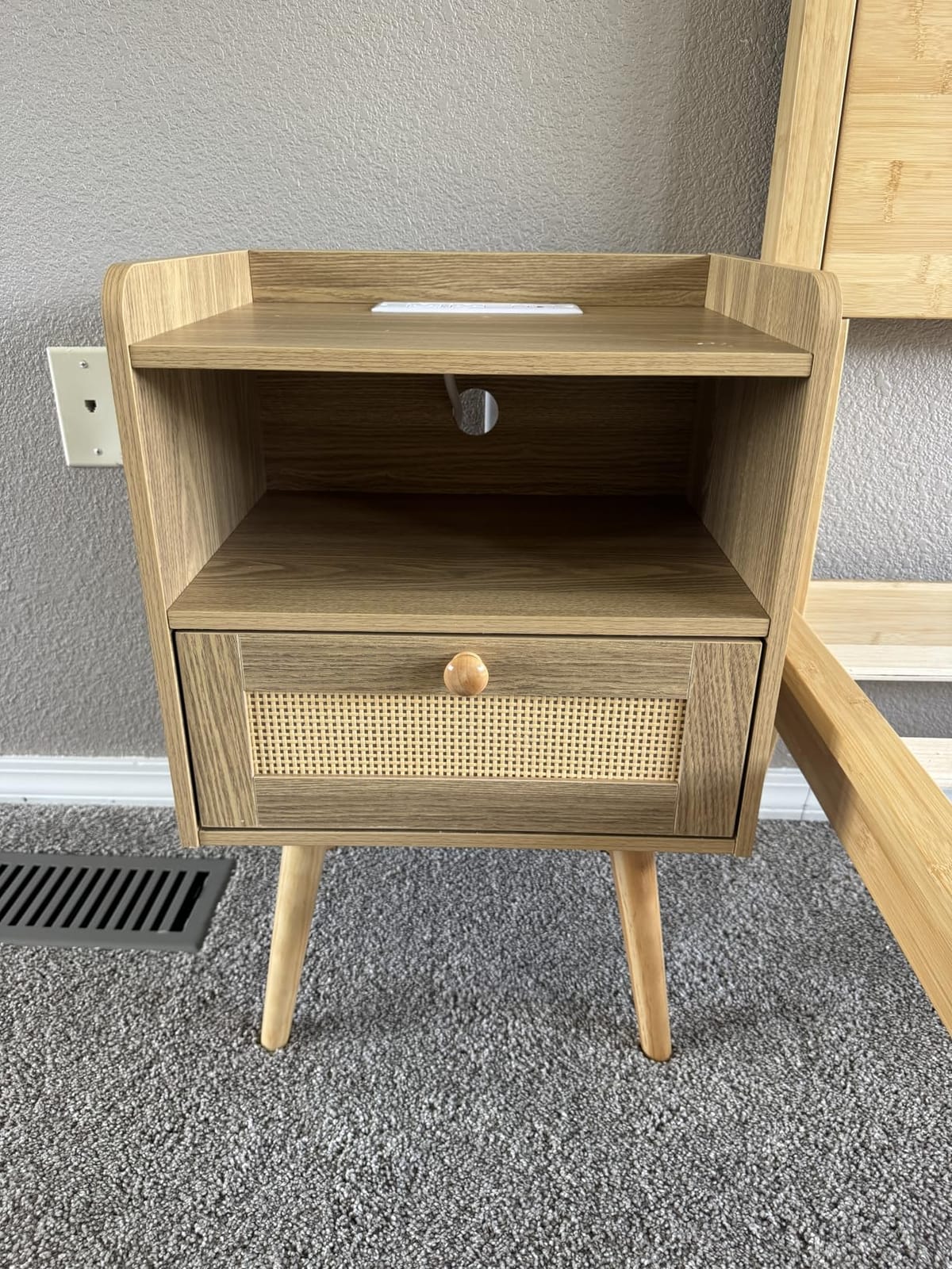 SUPERJARE Nightstands Set of 2, Night Stands with Charging Station, Natural, Bed Side Tables with PE Rattan Decor Drawer & Solid Wood Feet, End Table, for Bedroom, Living Room customer photo 2