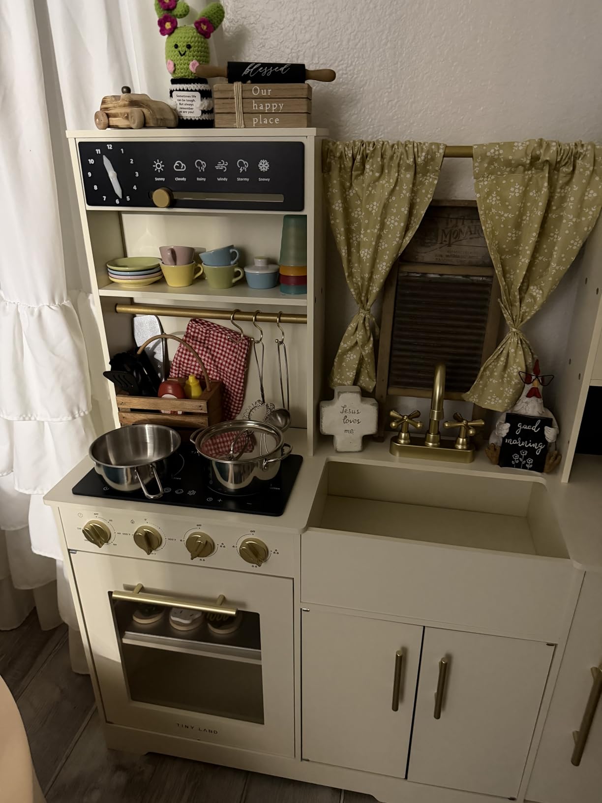 Tiny Land Play Kitchen for Kids - Modern Home Design with Fabric Curtains | Interactive Wooden Kitchen with Coffee Maker & Microwave, Pretend Play Toy, Birthday & Christmas Gift for Boys & Girls customer photo 1