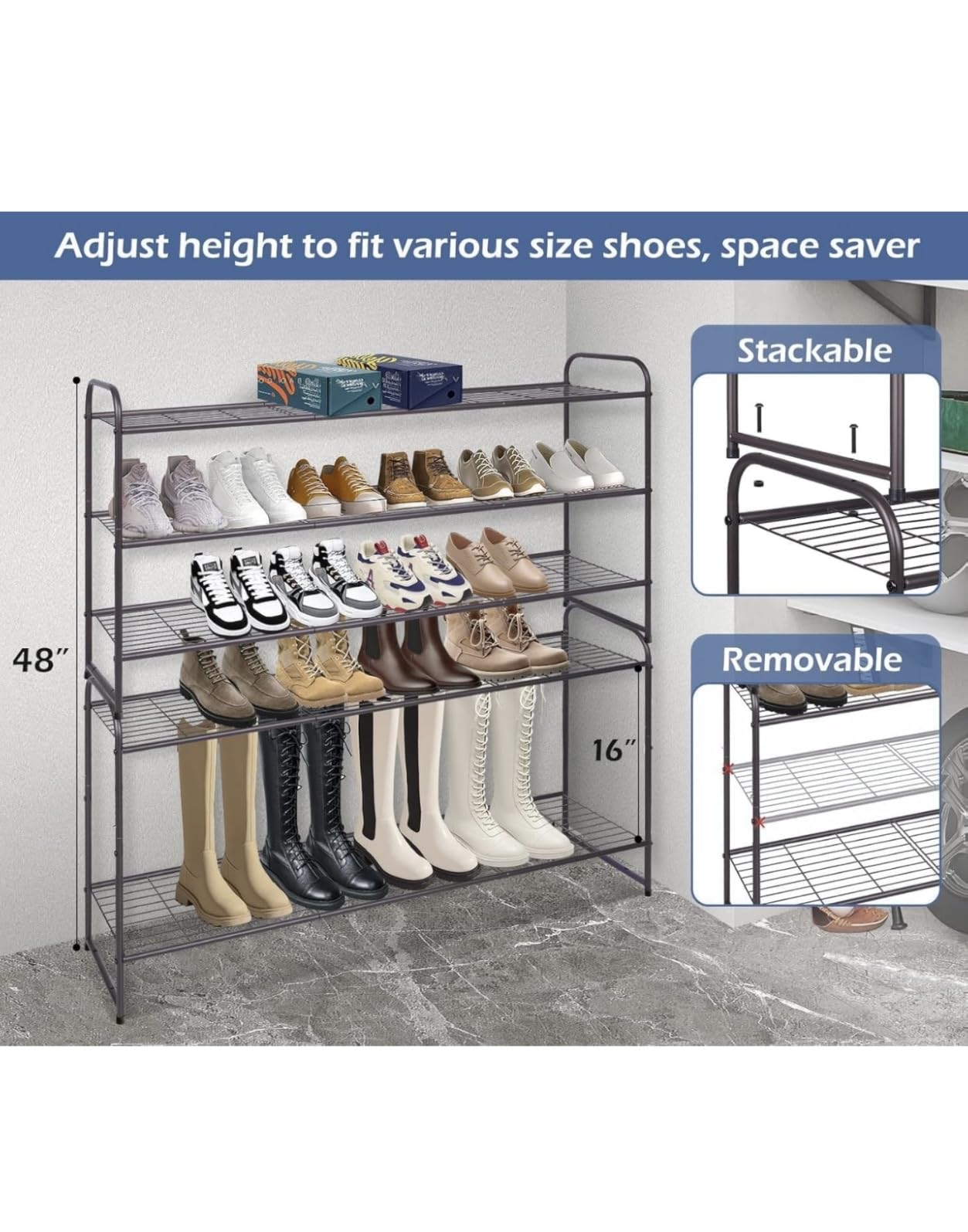 KEETDY 3-Tier Long Shoe Rack for Closet Metal Shoe Organizer for Entryway, Wide Stackable Shoe Storage Shelf with Sturdy Wire Grid for Closet Floor, Bedroom, Black customer photo 1