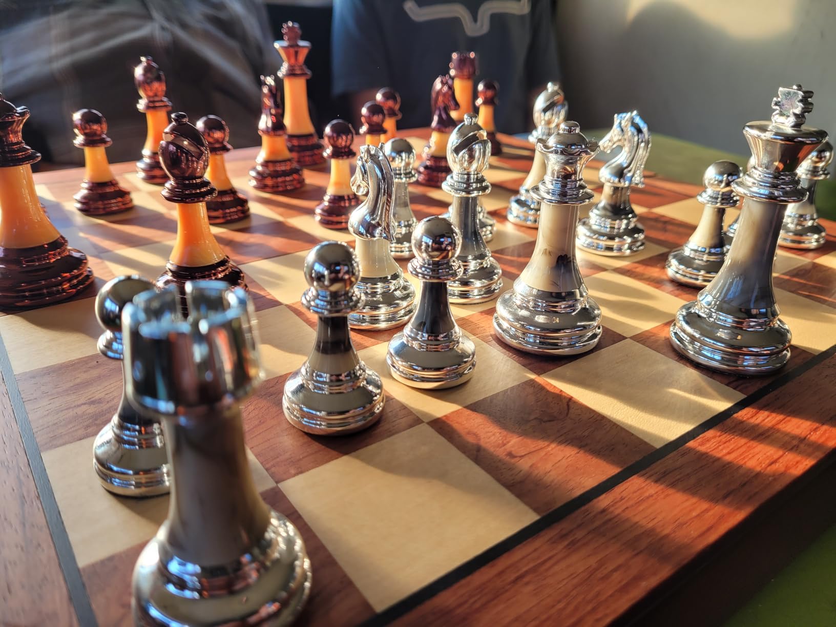 VAMSLOVE Chess Set Large 16''/42cm Folding Wooden Board with Deluxe Weighted Acrylic Chess Pieces - 3.5