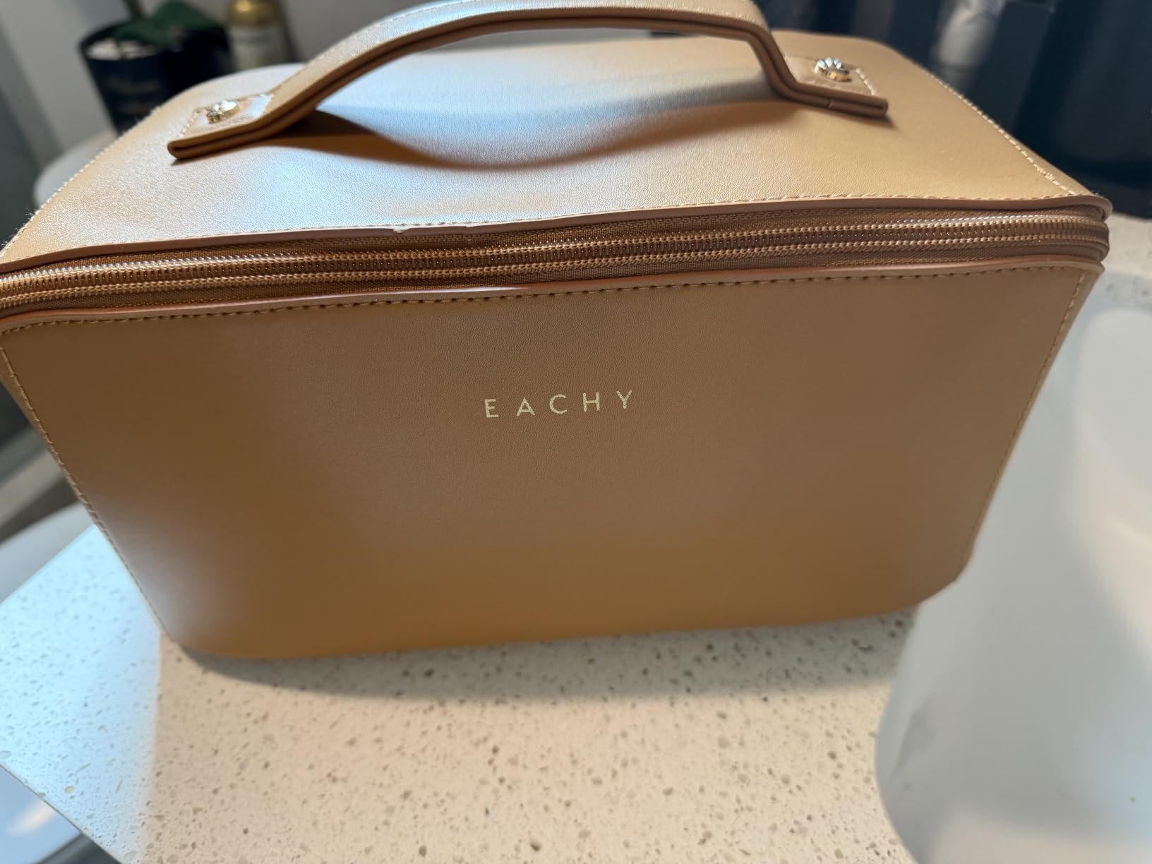 EACHY Travel Makeup Bag for Women, PU Leather Cosmetic Bag, Brown, Medium - Water-resistant PU leather exterior with flat-open access, clear TPU brush compartment and organized storage for cosmetics customer photo 1