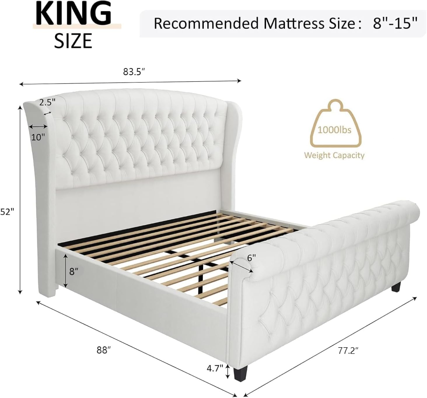 AMERLIFE Queen Size Upholstered Sleigh Bed Frame with Wingback Headboard | Platform Bed with Curved Headboard & Footboard, Handmade Deep Button Tufted, Wood Slats, No Box Spring Needed, Cream Chenille customer photo 2