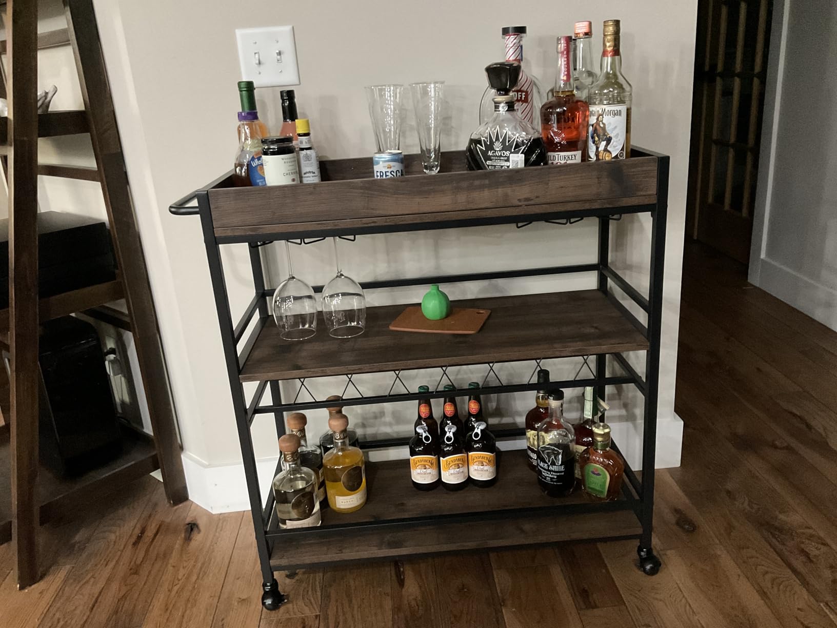 BON AUGURE Bar Cart for The Home, Rolling Home Bar Serving Cart on Wheels, 3 Tier Liquor Beverage Carts with Wine Rack and Glass Holder (Rustic Oak) customer photo 2