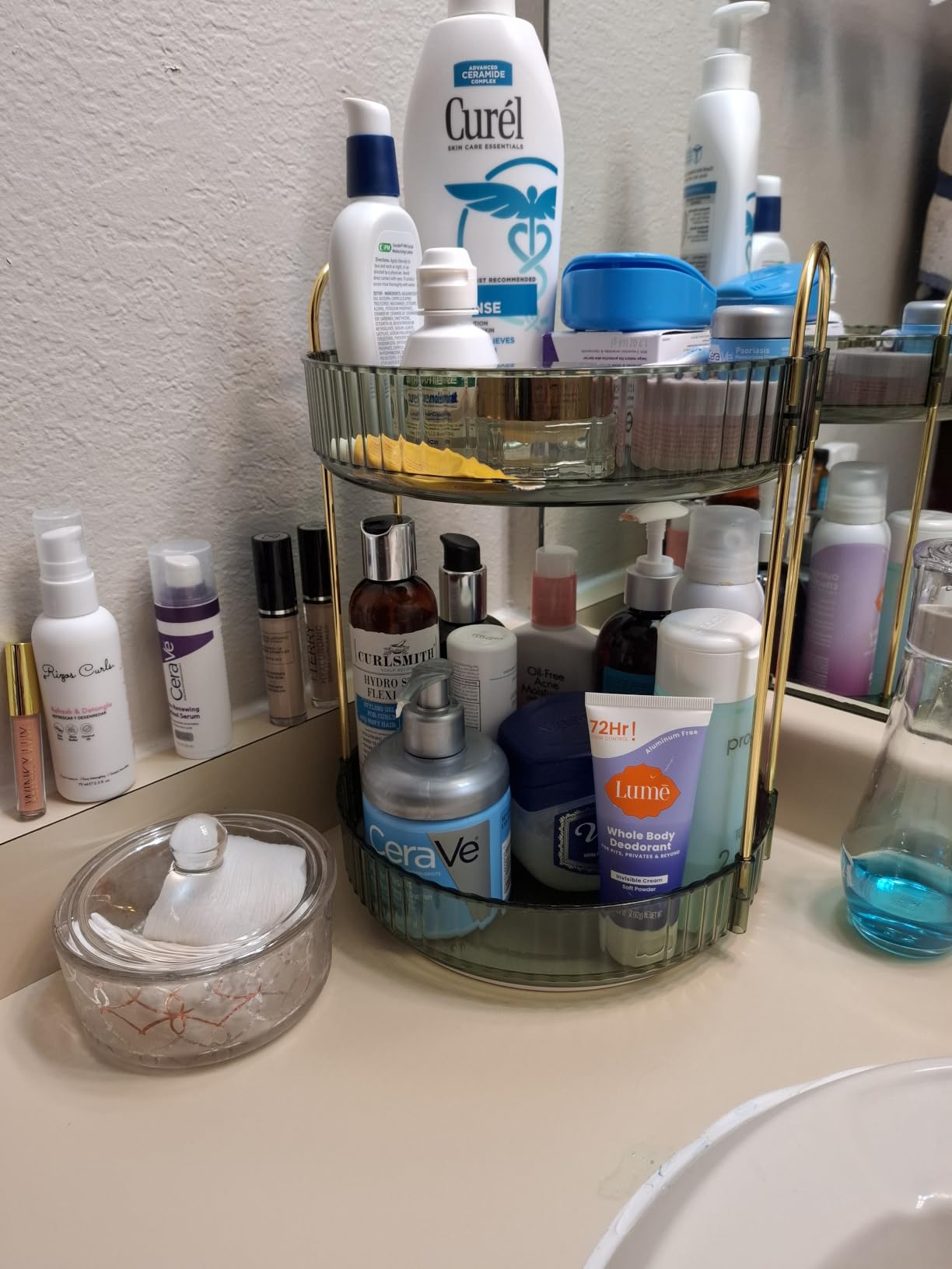 Asayuee 360 Rotating Makeup Organizer for Vanity, 2 Tier Large Capacity Skincare Organizers (Green-2 Tier) customer photo 2