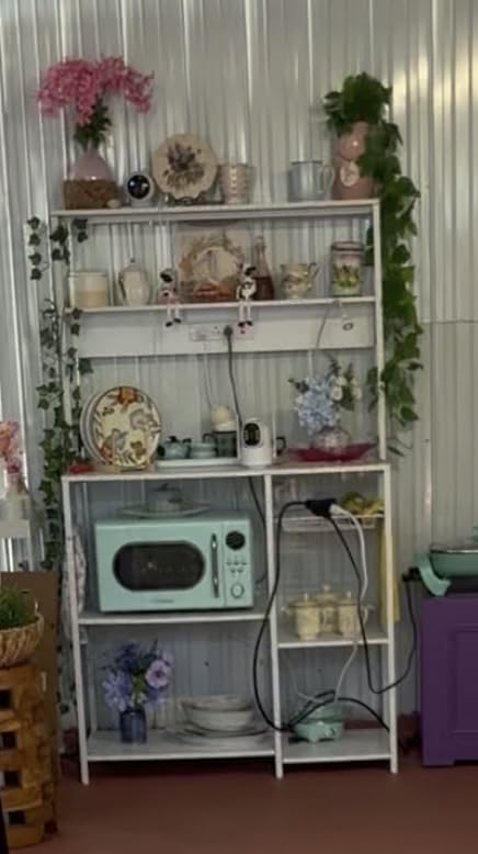 SUPERJARE Bakers Rack with Power Outlet, 35.4 Inches Coffee Bar with Basket | Kitchen Microwave Stand with 6 S-Shaped Hooks, Open Storage Shelves, Rustic Brown customer photo 2