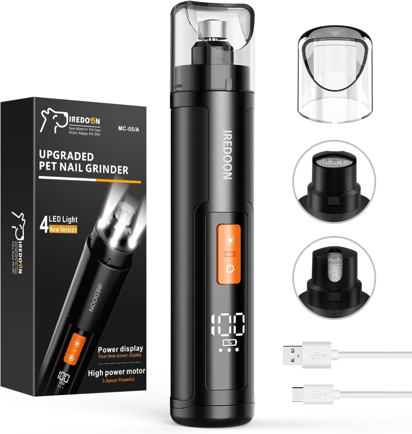 IREDOON Dog Nail Grinder with 4 LED Lights, 3 Speeds Super Quiet for Pets | Low Vibration, Electric Pet Nail Grinder, Professional Painless Paw Grooming & Smoothing for Small to Large Dogs Cats (Black) customer photo 2