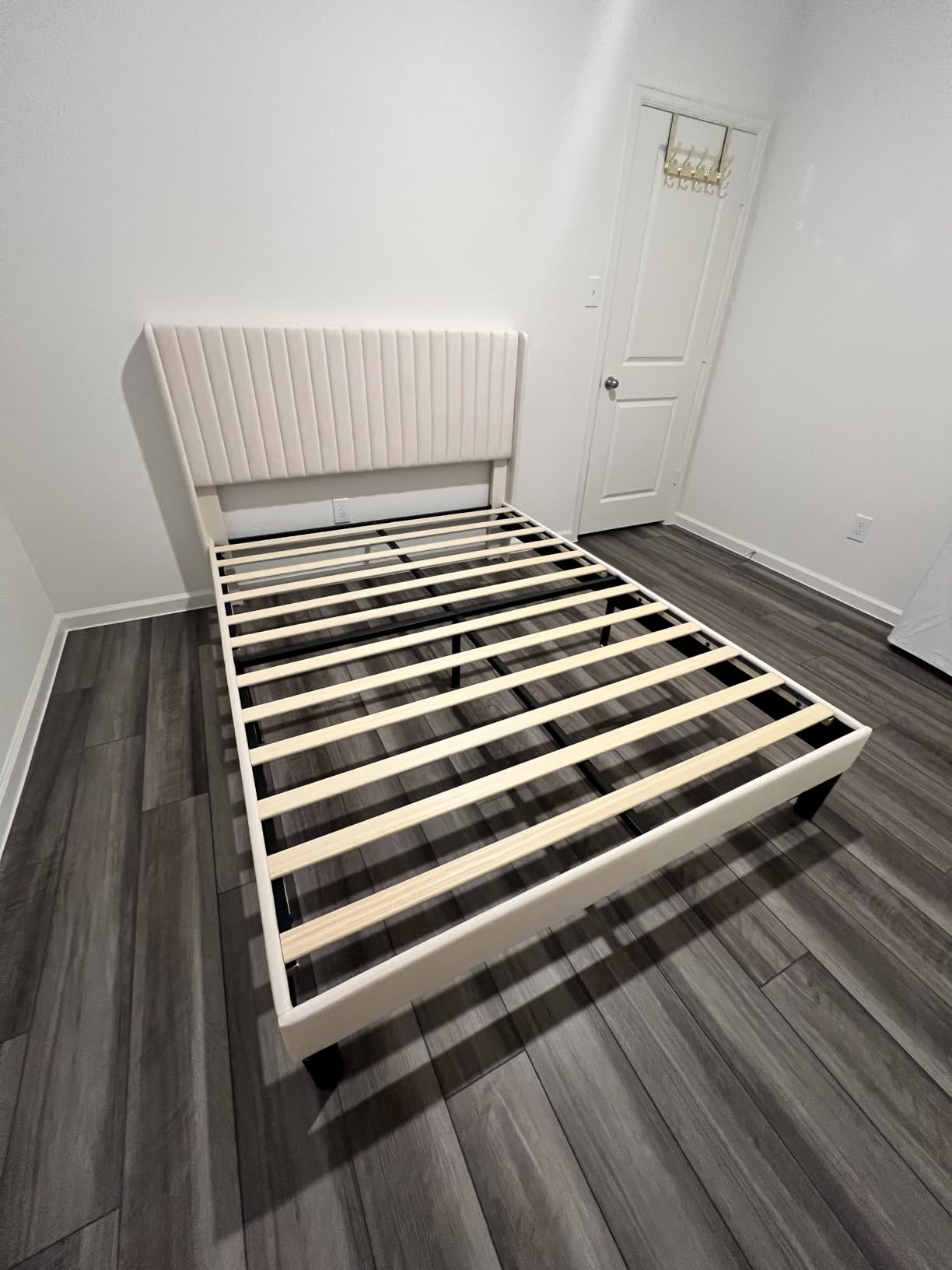 Allewie Queen Size Velvet Bed Frame/Vertical Channel Tufted Wingback Headboard/Upholstered Platform Bed/Strong Wooden Slats/No Box Spring Needed/Easy Assembly/White customer photo 2