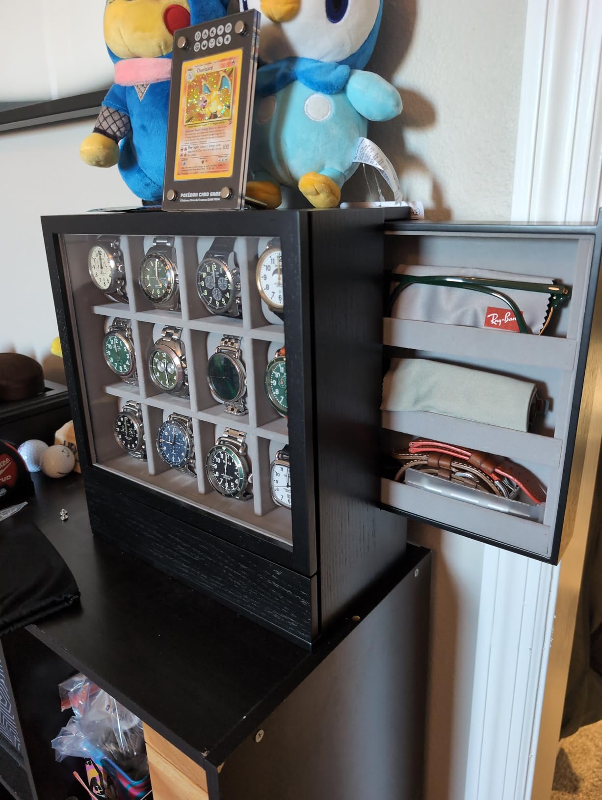 SONGMICS 12 Watch Display Case, Watch Box with Hidden Storage | Vertical Jewelry Box, MDF and Wood Veneer, 11.6 x 5.9 x 12.9 Inches, Gift Idea, Coffee Brown, ANICIA Collection UJOW014K01 customer photo 1