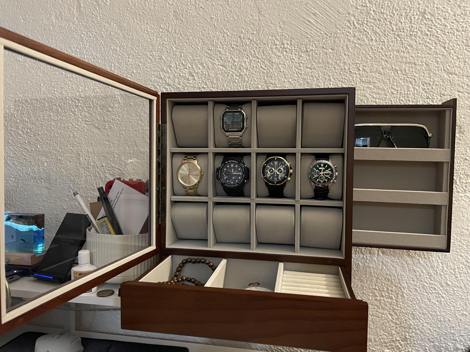 SONGMICS 12 Watch Display Case, Watch Box with Hidden Storage | Vertical Jewelry Box, MDF and Wood Veneer, 11.6 x 5.9 x 12.9 Inches, Gift Idea, Coffee Brown, ANICIA Collection UJOW014K01 customer photo 2