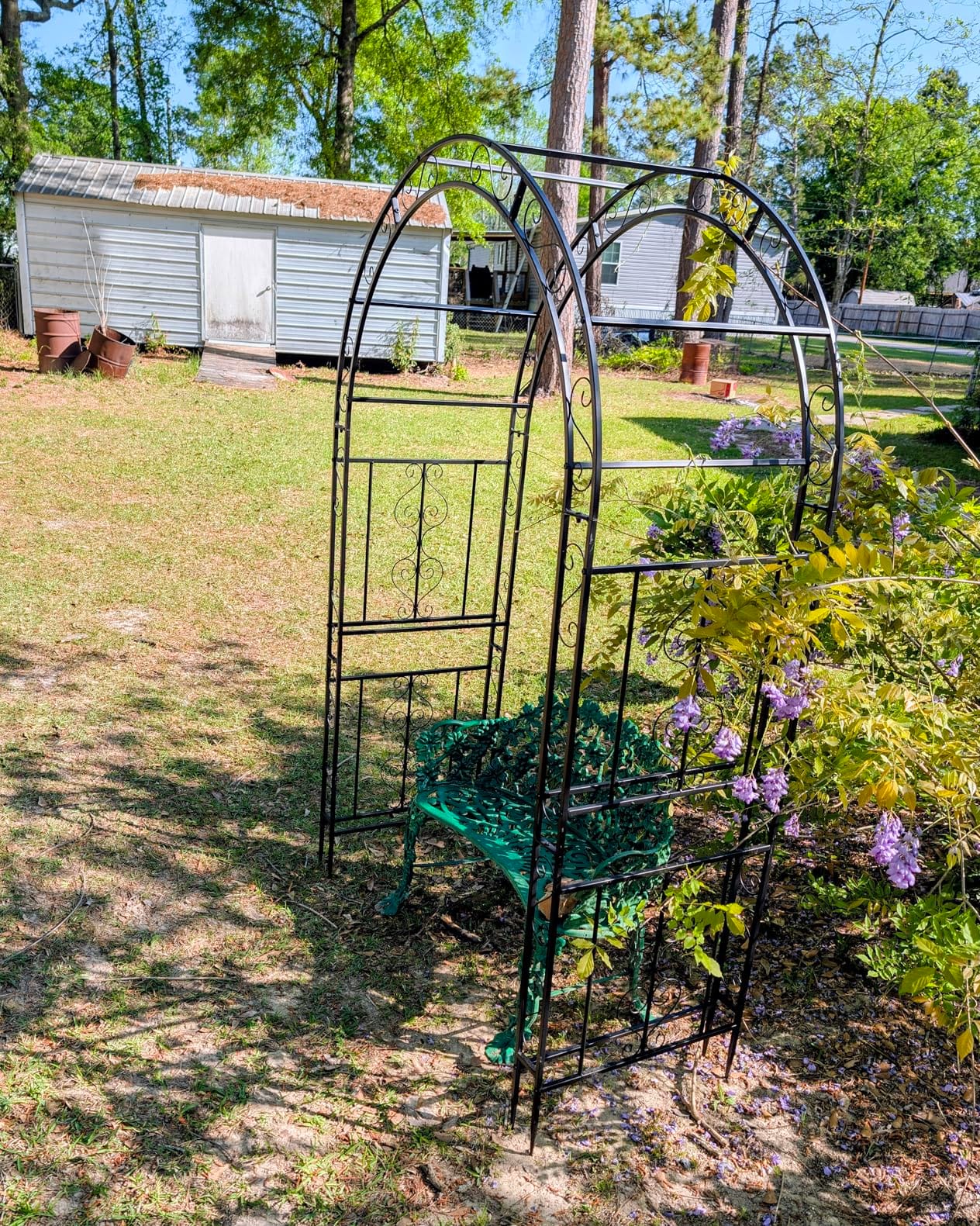 Outvita 7FT Black Metal Garden Arch Arbor with Gate | Heavy duty trellis archway with ground stakes, for climbing roses, patio, wedding & party decor customer photo 2