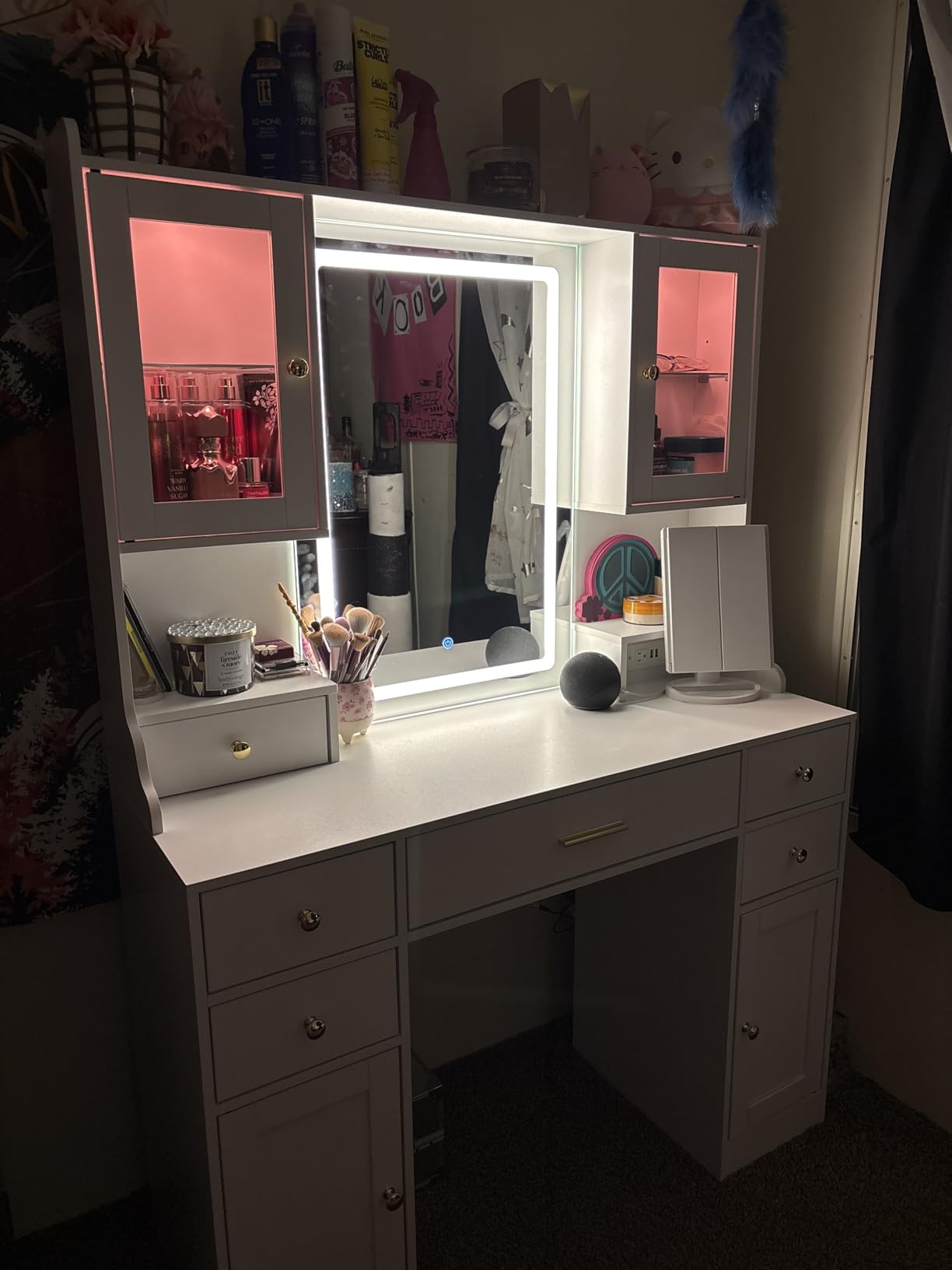 CSZZD White Makeup Vanity Desk with LED Mirror & RGB Cabinets | Vanity Table with Charging Station and 6 Storage Drawers, Adjustable 3 Mode Mirror Lights, Bedroom Dressing Table for Women customer photo 1