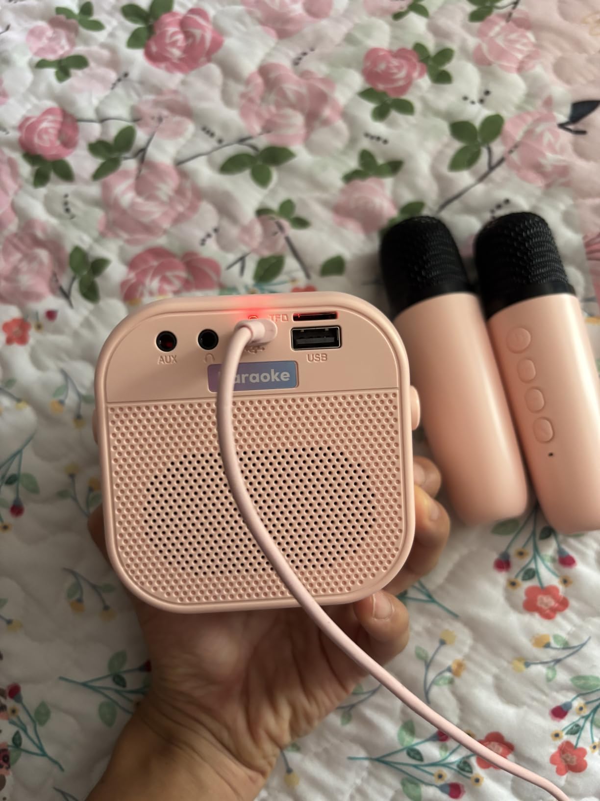 Mini Karaoke Machine, Portable Bluetooth Speaker with 2 Wireless Microphones | 360° Surround Sound, 5 Voice Effects, Bluetooth 5.0, LED Lights, TF/USB/AUX, For Kids and Adults, Family Home Party and Gifts customer photo 2
