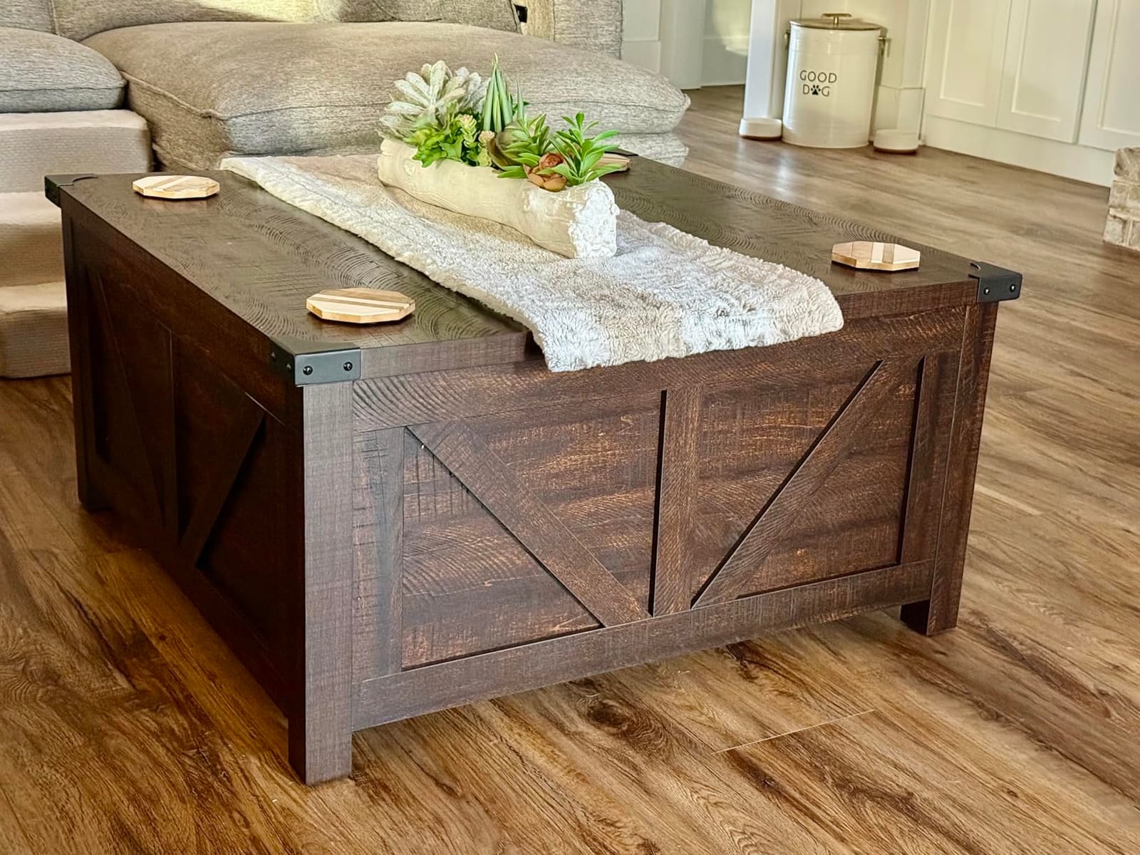jimeimen Farmhouse Lift Top Coffee Table with Storage, Wood Square Center Table with Charging Station & USB Port, Living Room Table w/Large Hidden Space, Brown customer photo 2
