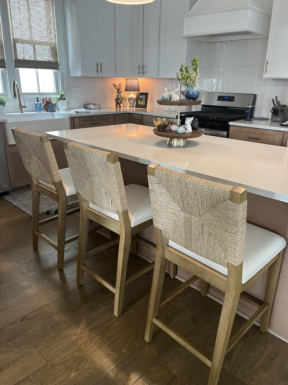 Nathan James Beacon Bohemian Boucle Bar Stool, Upholstered Counter Height Chair with Solid Wood Frame and Woven Seagrass Back for Kitchen Island, Light Brown/Seagrass/Cream Boucle, Set of 2 customer photo 1