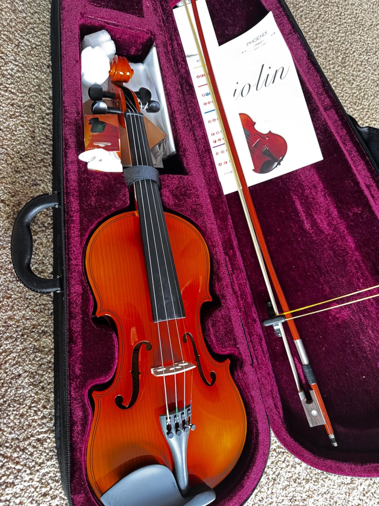 PHOENIX Violin 4/4 Full Size Kit for Beginner Adults and Students with Rosewood Bow, Extra Strings and Bridge, Rosin, Tuner, Case, Mute, Fingerboard Stickers, and Shoulder Rest customer photo 1