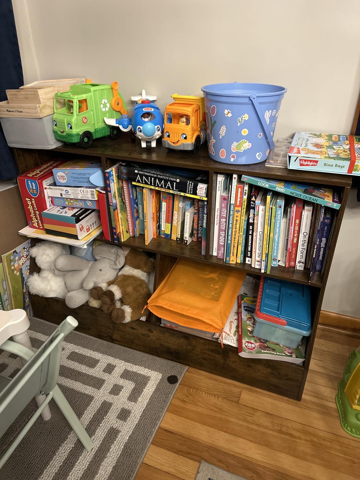 DINZI LVJ Toy Storage Organizer, Kids Cubby Cabinet with Bookshelf, 8-Cube | Wood Toy Book Shelf, Anti-Tip Structure, Easy Assembly, 3-Tier 35.4L Bookcase, Multi-bins, Playroom/Classroom, Rustic Brown customer photo 1