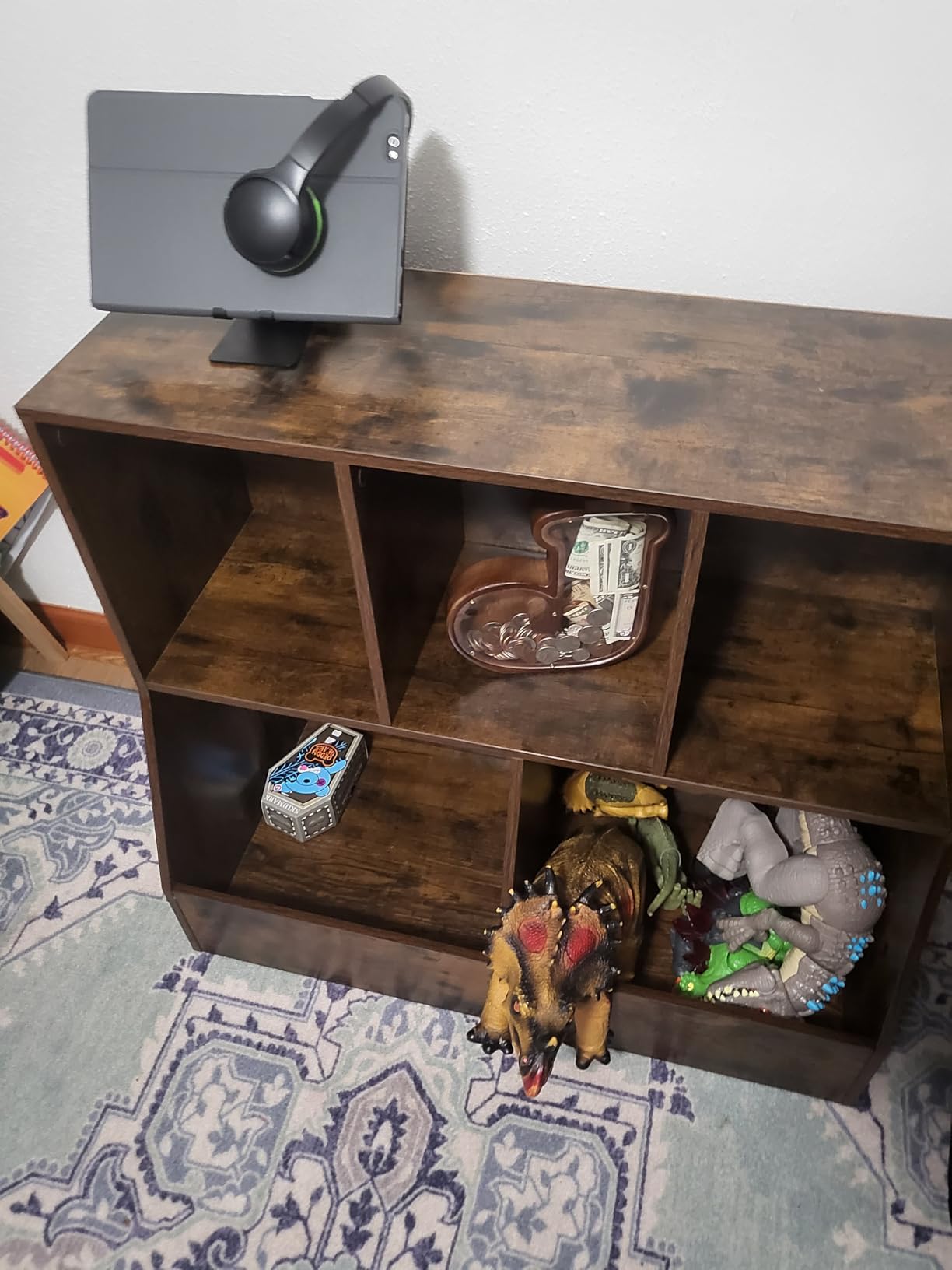 DINZI LVJ Toy Storage Organizer, Kids Cubby Cabinet with Bookshelf, 8-Cube | Wood Toy Book Shelf, Anti-Tip Structure, Easy Assembly, 3-Tier 35.4L Bookcase, Multi-bins, Playroom/Classroom, Rustic Brown customer photo 2