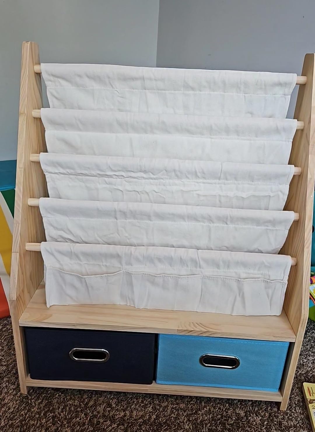 EXPERLAM 4 Tier Kids Bookshelf with Storage Bins, Solid Wood Toddler Book Shelf and Toy Organizer, Sling Book Rack for Kids Room, Nursery, Playroom, Blue customer photo 1
