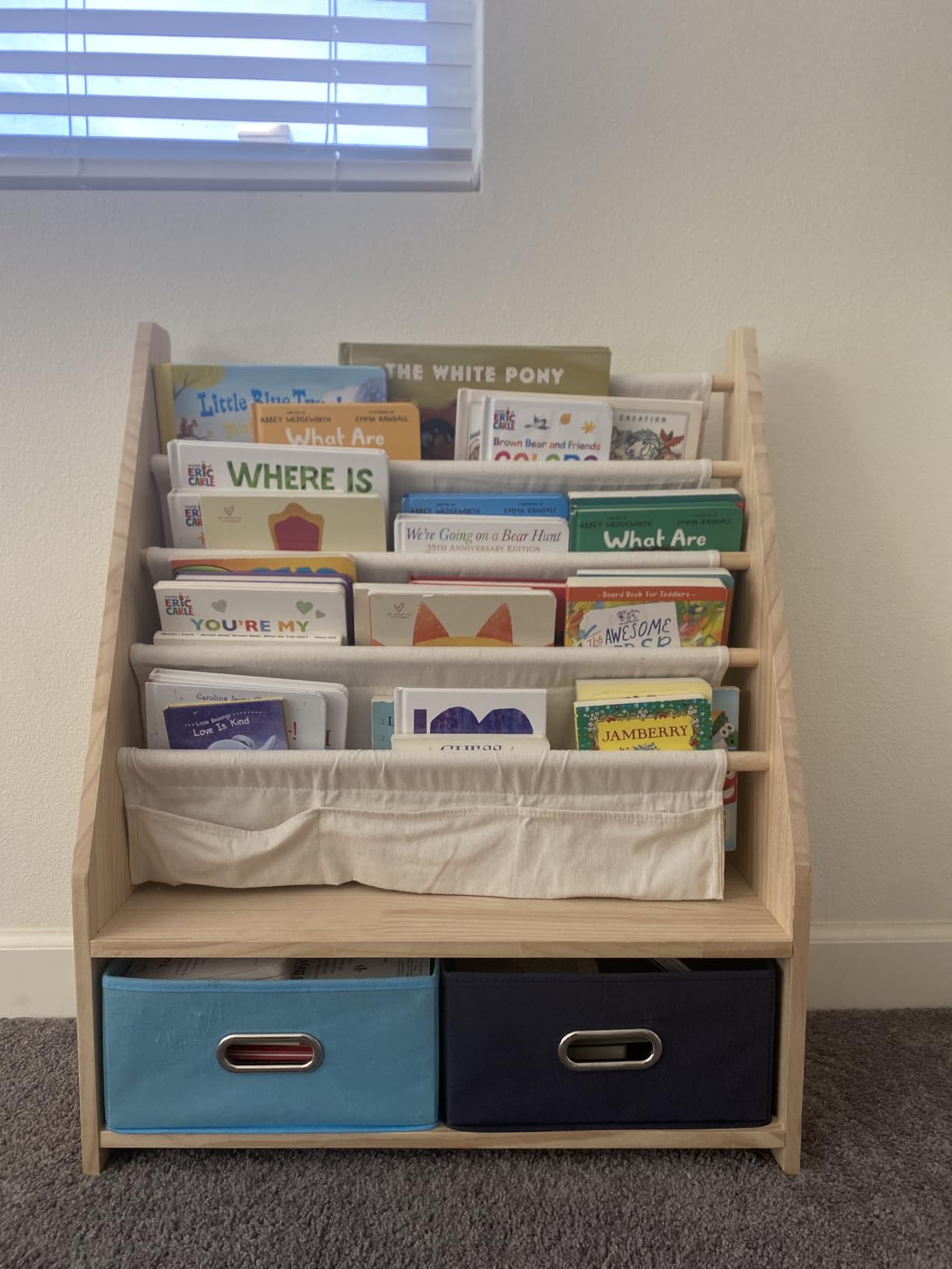 EXPERLAM 4 Tier Kids Bookshelf with Storage Bins, Solid Wood Toddler Book Shelf and Toy Organizer, Sling Book Rack for Kids Room, Nursery, Playroom, Blue customer photo 2